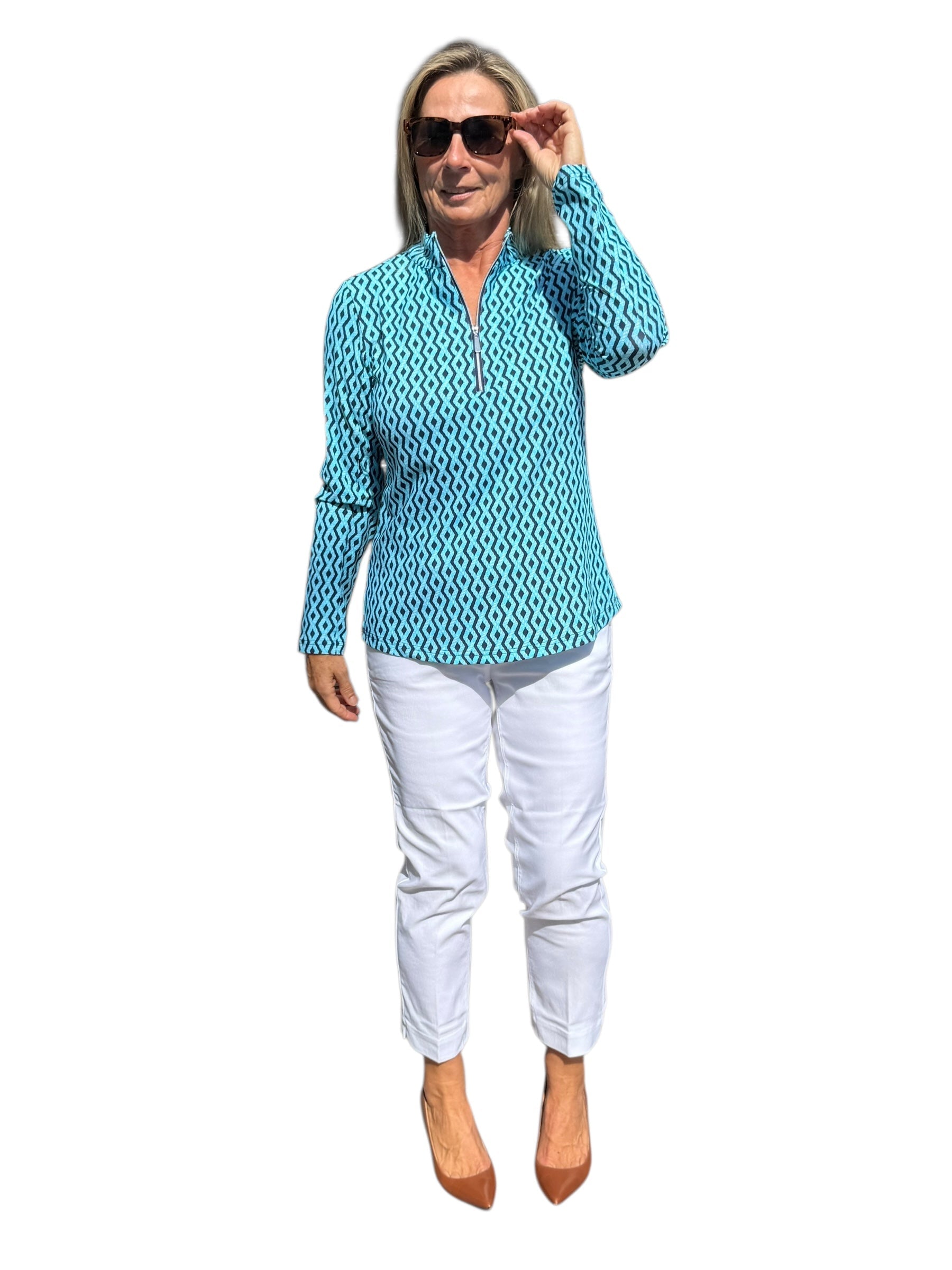 High Zip - Neck Long Sleeve Top with UPF50+ Nautical Ropes Turquoise - Back of the Bay Boutique
