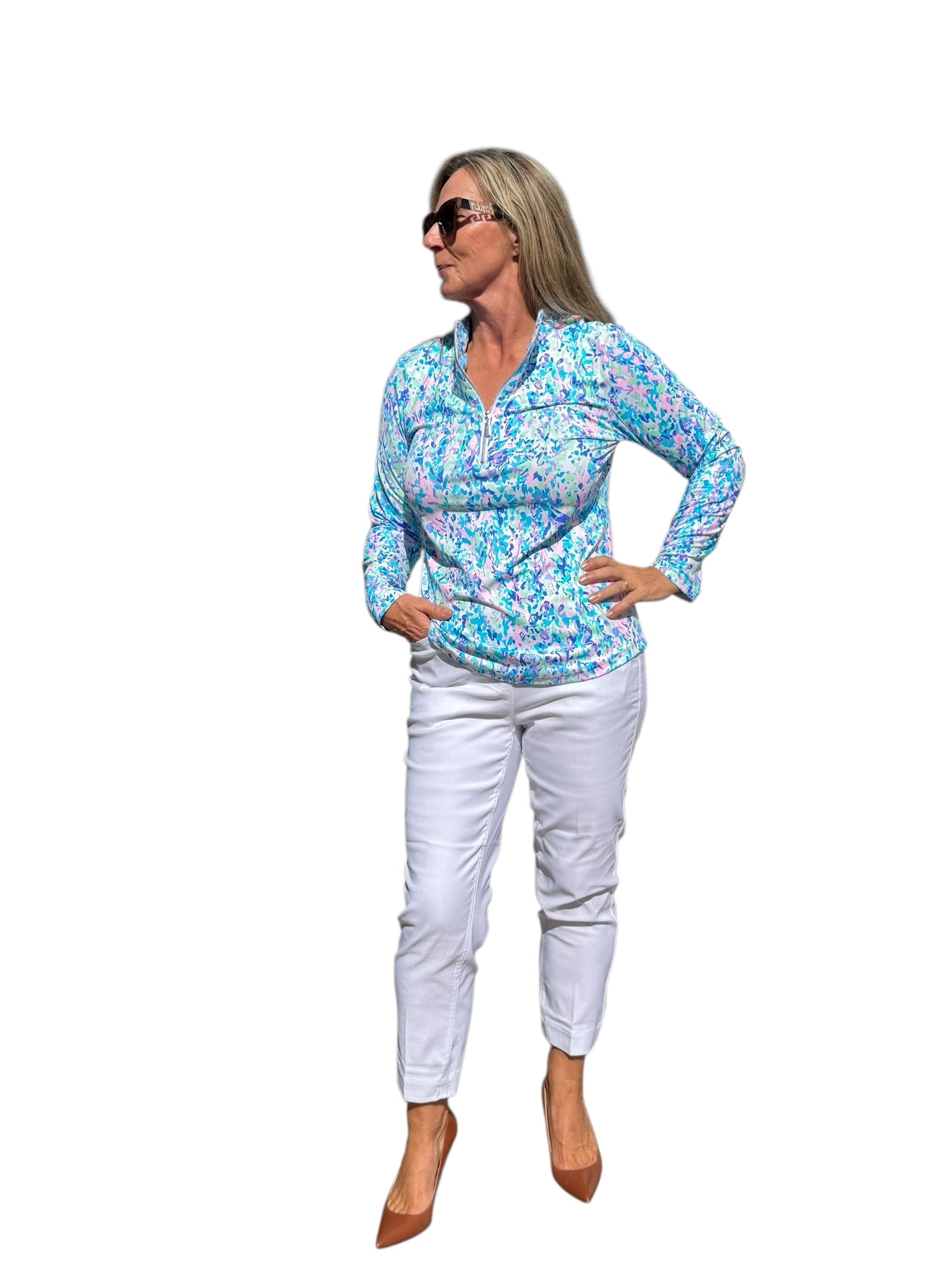 High Zip - Neck Long Sleeve Top with UPF50+ Confetti Pastel - Back of the Bay Boutique