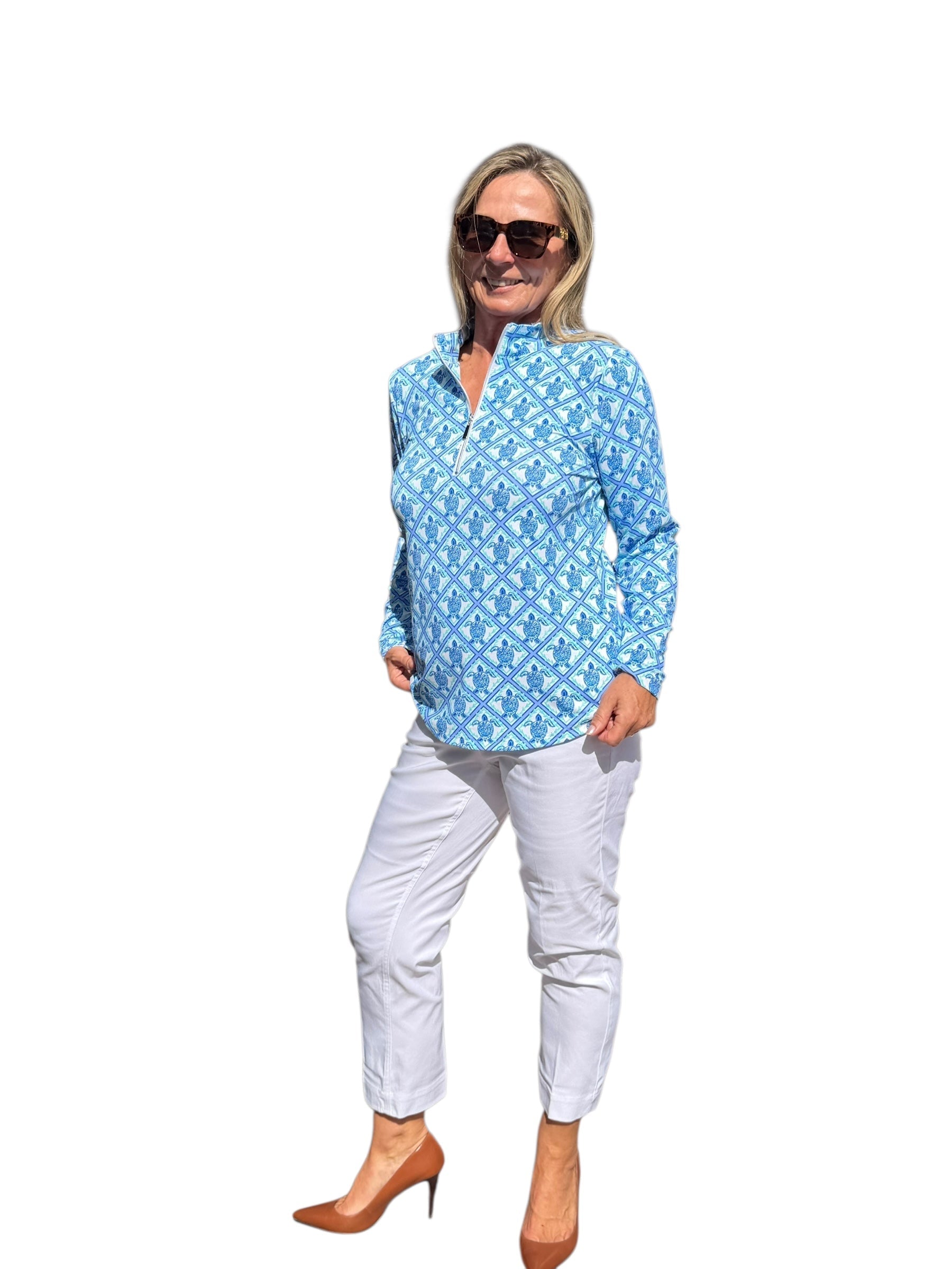 High Zip - Neck Long Sleeve Top with UPF50+ Blue Turtles - Back of the Bay Boutique