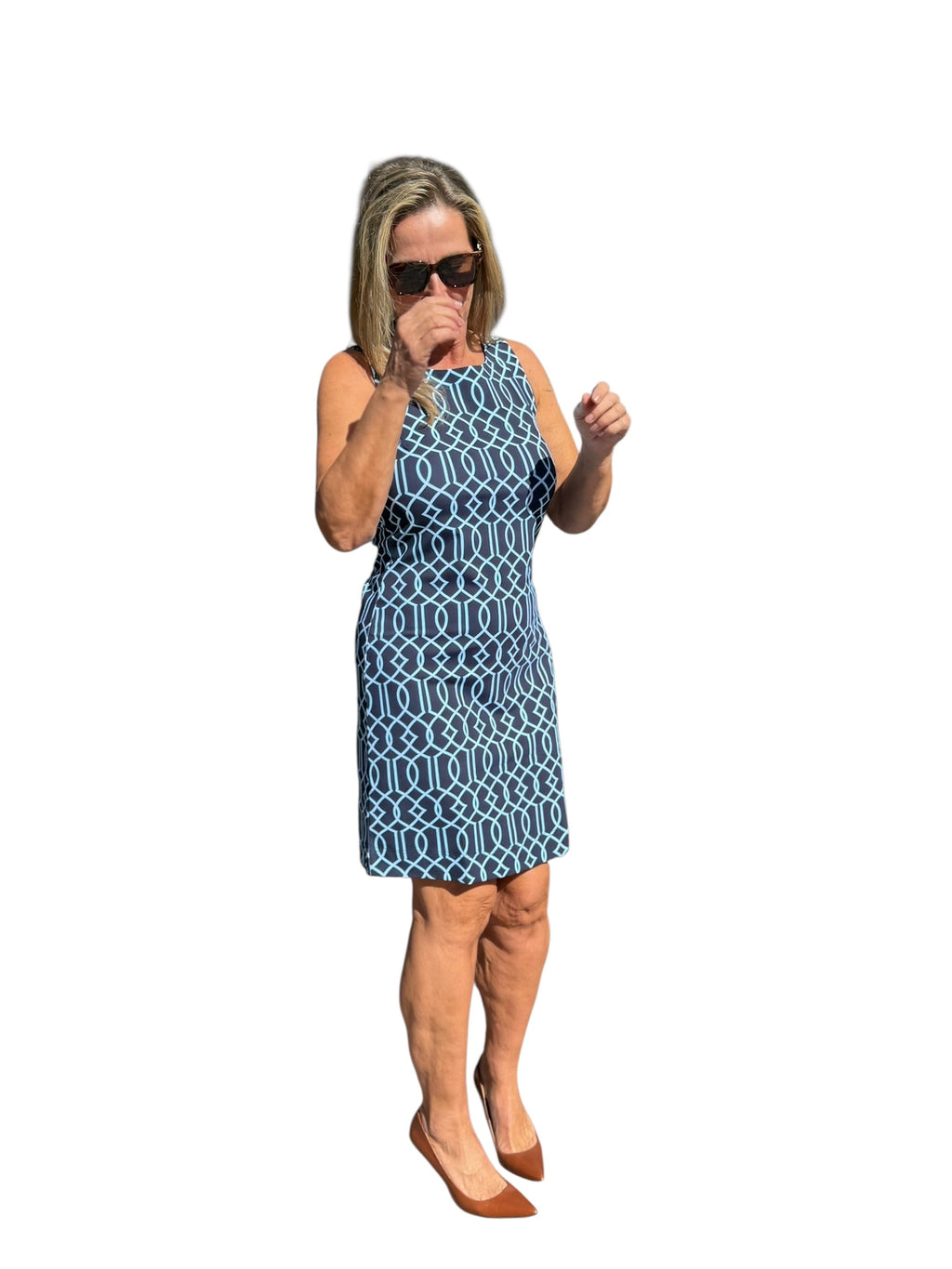 Classic Shift Dress with UPF50+ Geometric Lines Navy - Back of the Bay Boutique