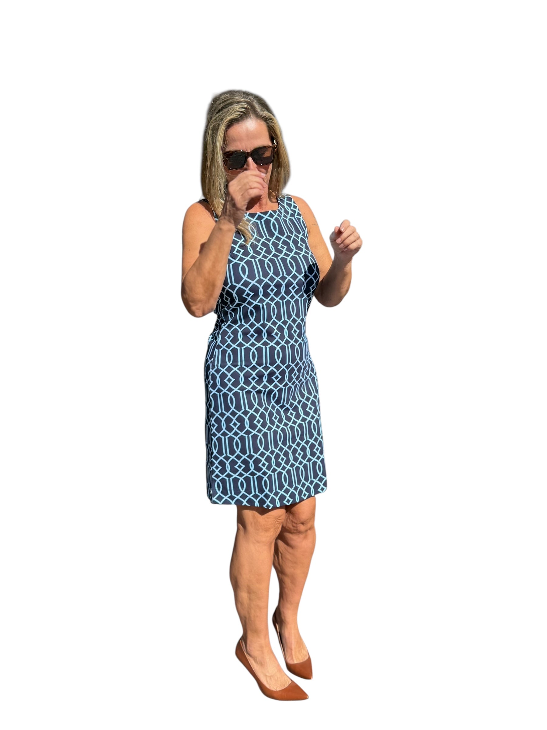 Classic Shift Dress with UPF50+ Geometric Lines Navy - Back of the Bay Boutique