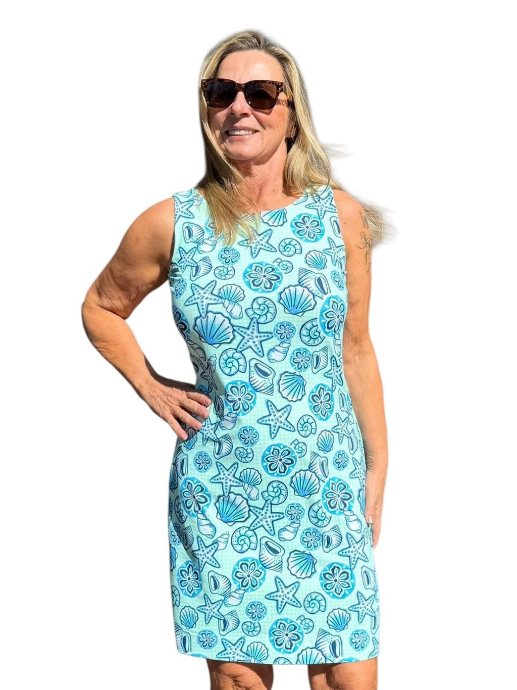 Classic Shift Dress with UPF50+ Ocean Shells Blue - Back of the Bay Boutique