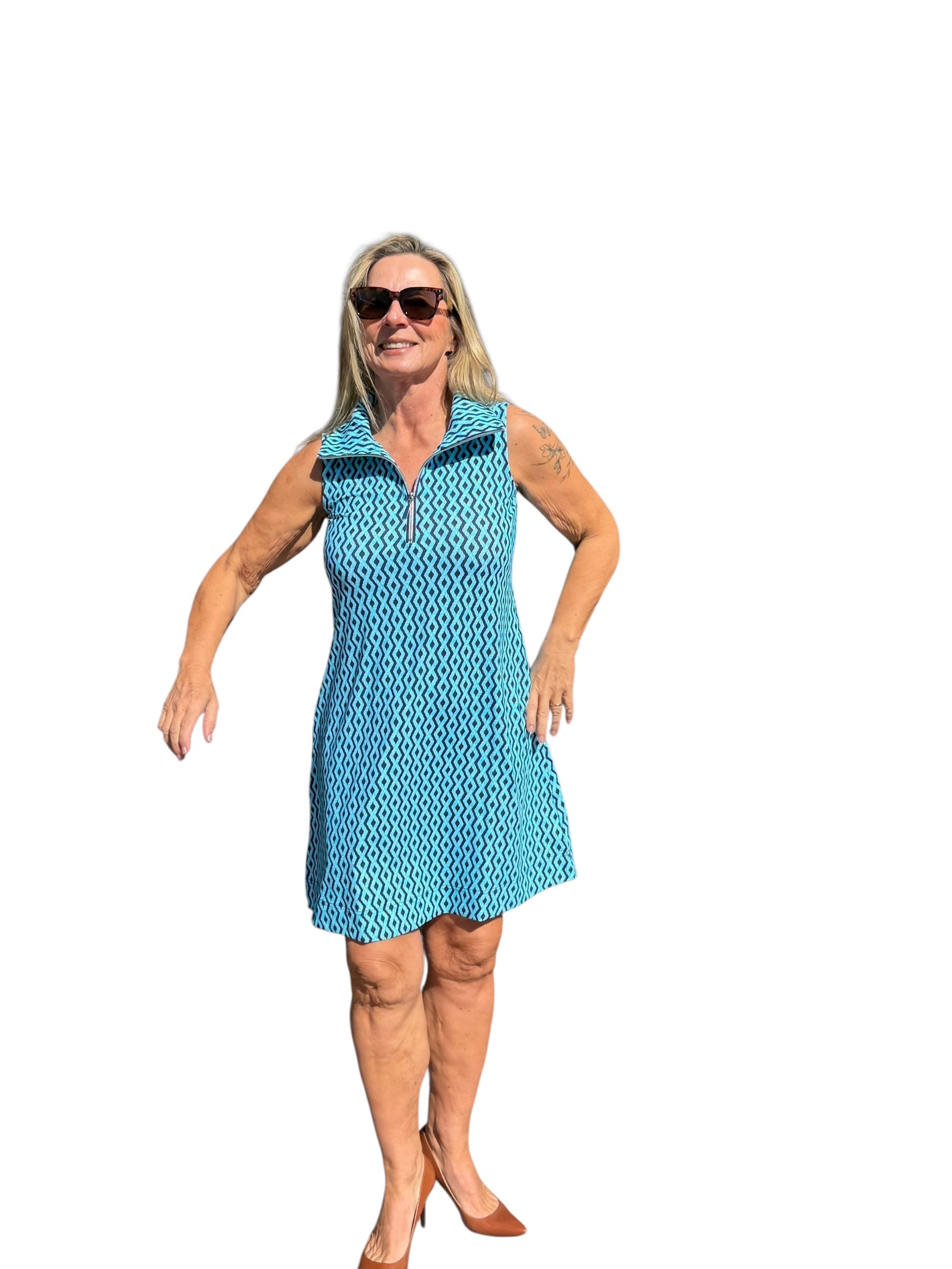 Zipper Swing Dress with UPF50+ Nautical Ropes Turquoise - Back of the Bay Boutique