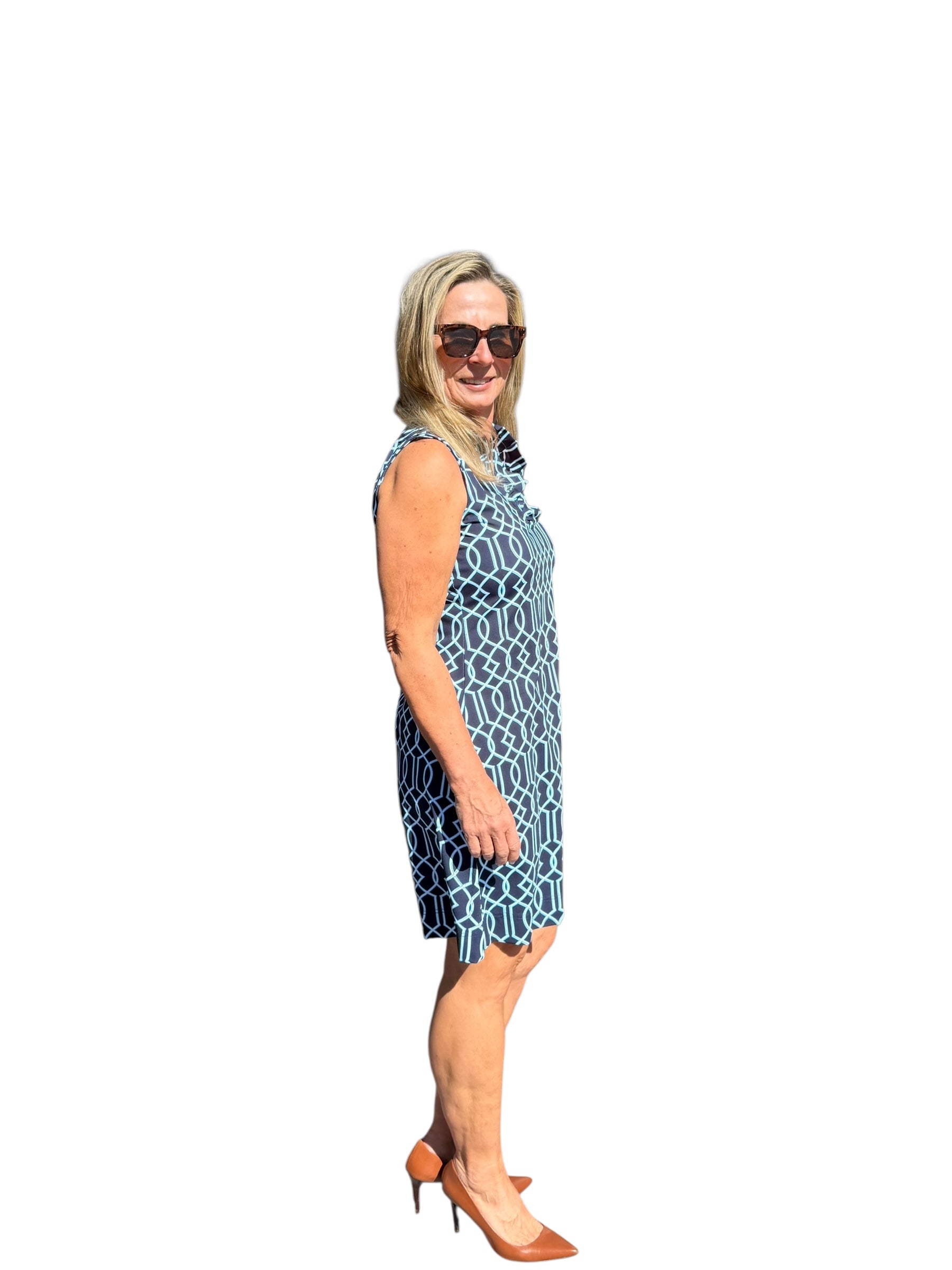 Ruffle - Neck Dress with UPF50+ Geometric Lines Navy - Back of the Bay Boutique