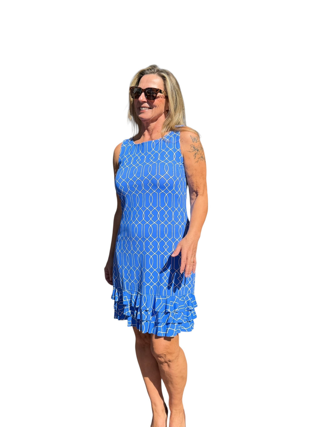 Sleeveless Dress with Ruffles with UPF50+ Geometric Lines Peri - Back of the Bay Boutique