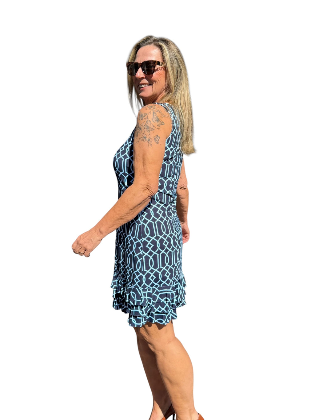 Sleeveless Dress with Ruffles with UPF50+ Geometric Lines Navy - Back of the Bay Boutique