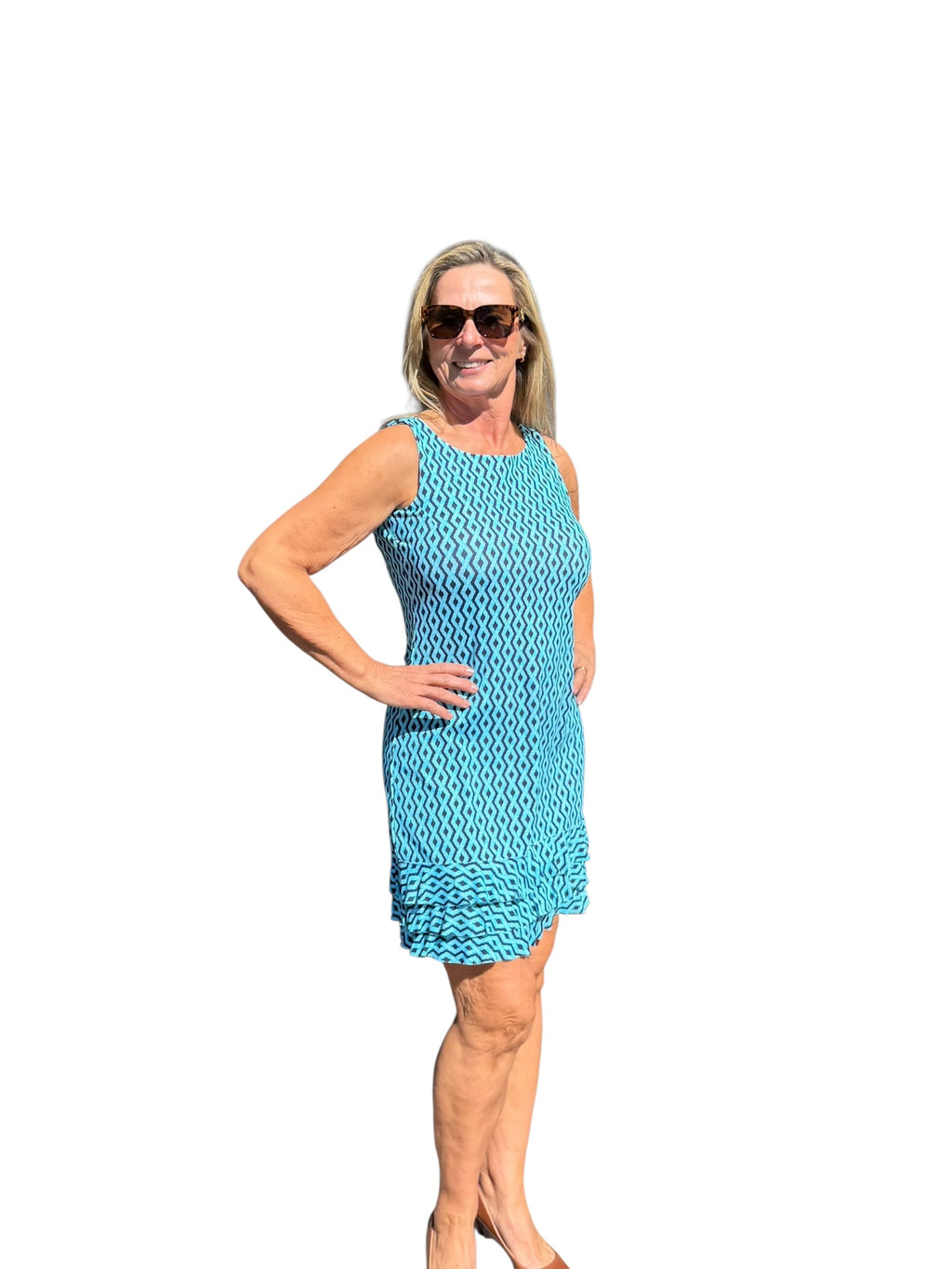 Sleeveless Dress with Ruffles with UPF50+ Nautical Ropes Turquoise - Back of the Bay Boutique