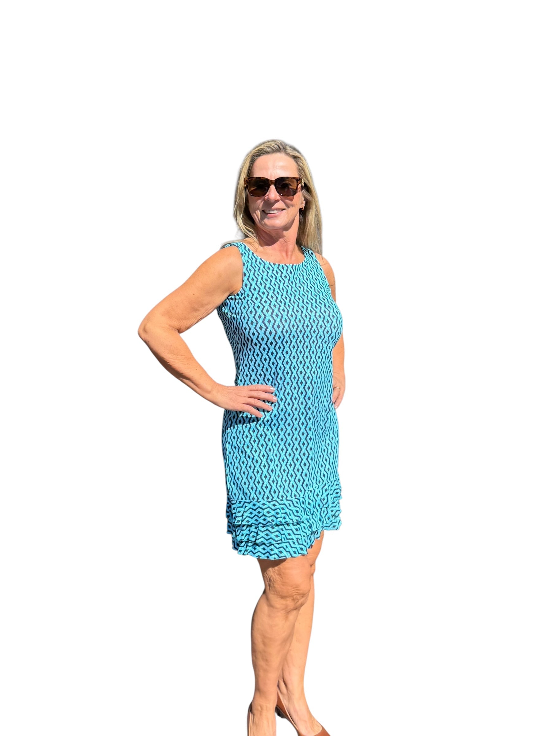 Sleeveless Dress with Ruffles with UPF50+ Nautical Ropes Turquoise - Back of the Bay Boutique