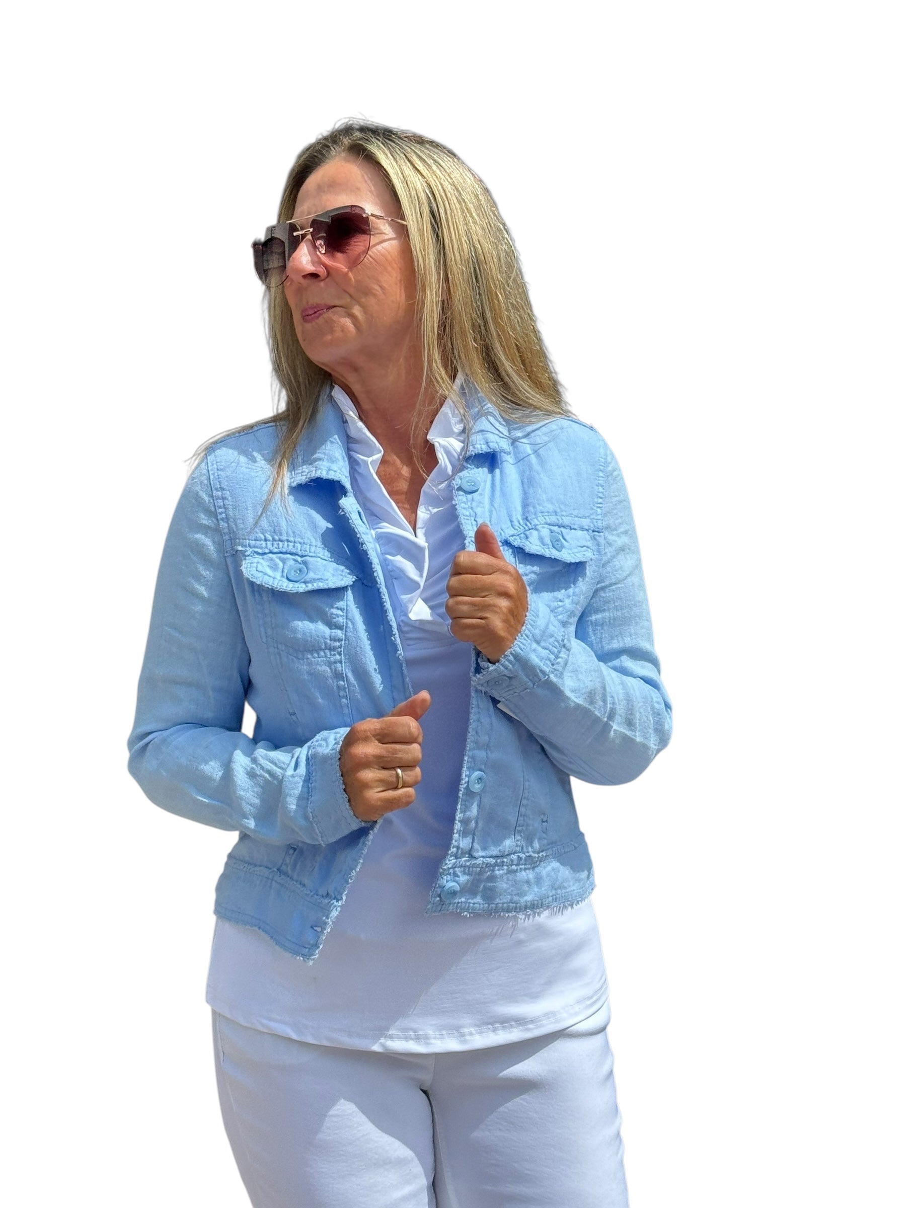 Long - Sleeve Linen Jacket Clear Periwinkle - Back of the Bay Boutique