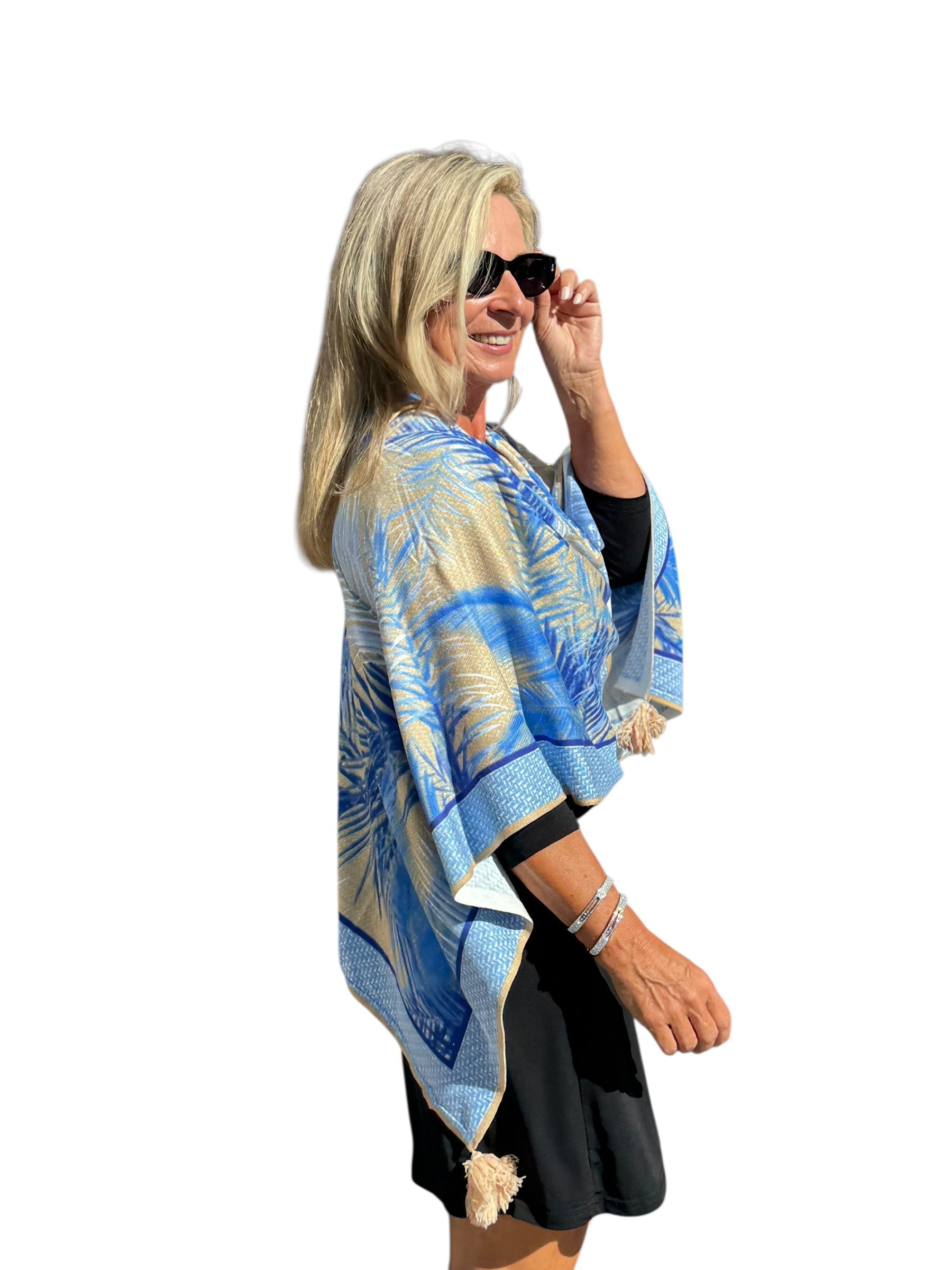 Soft Knit Poncho Bali Natural Blue - Back of the Bay Boutique