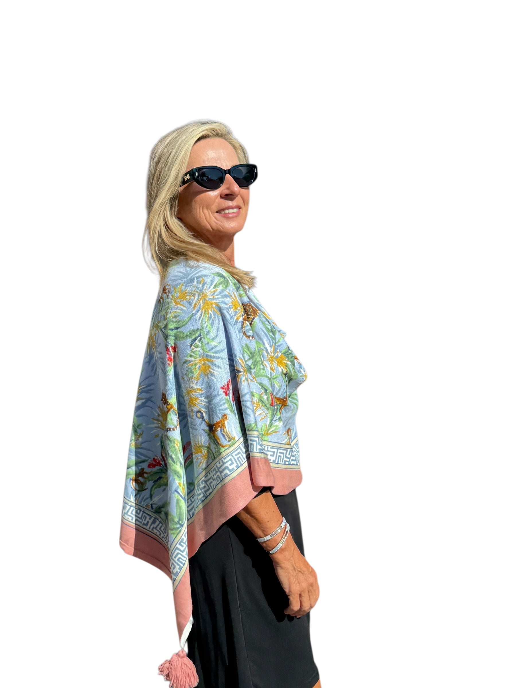 Soft Knit Poncho Wildlife Light Blue - Back of the Bay Boutique