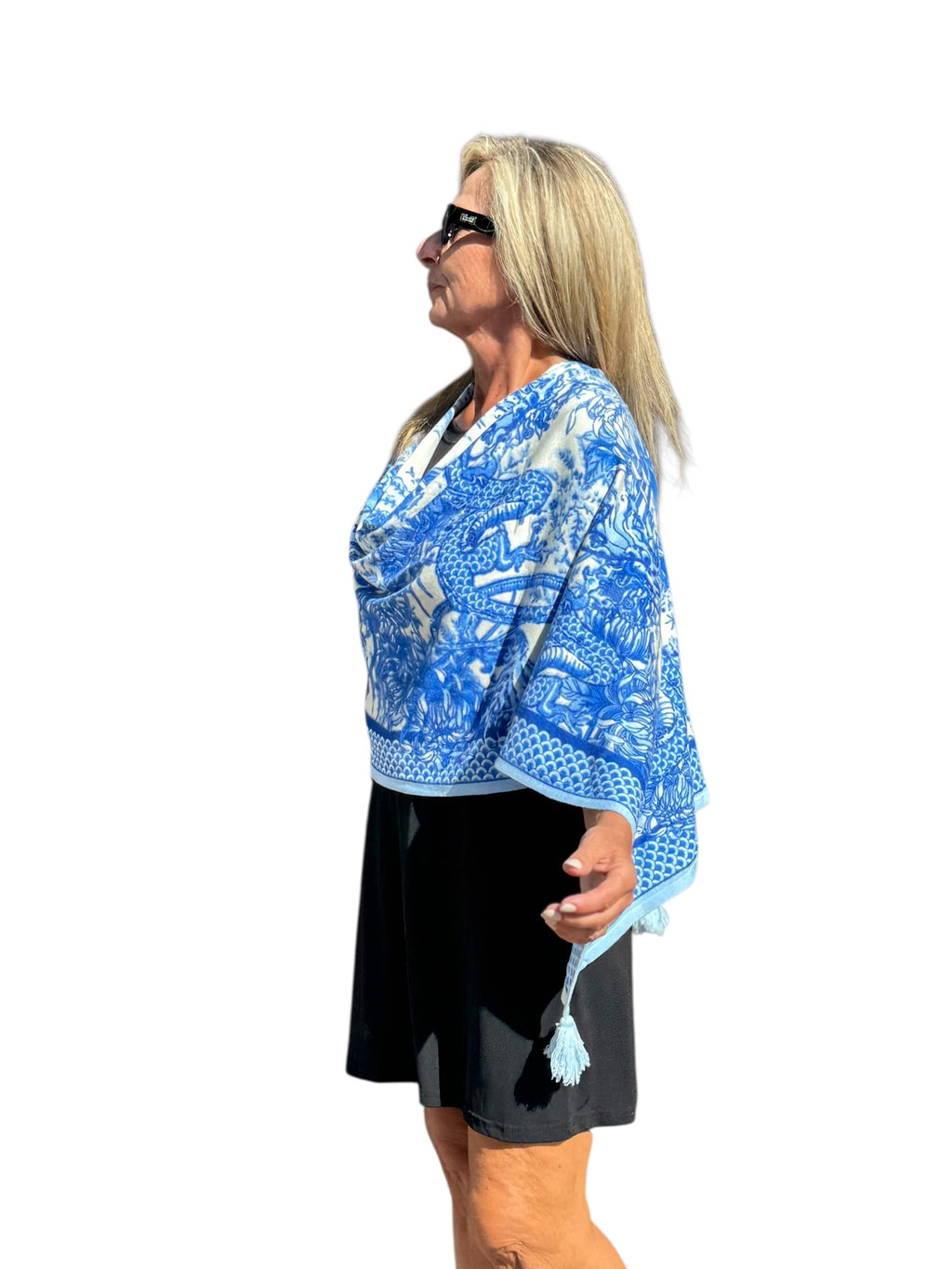 Soft Knit Poncho Dragon Blue/White - Back of the Bay Boutique