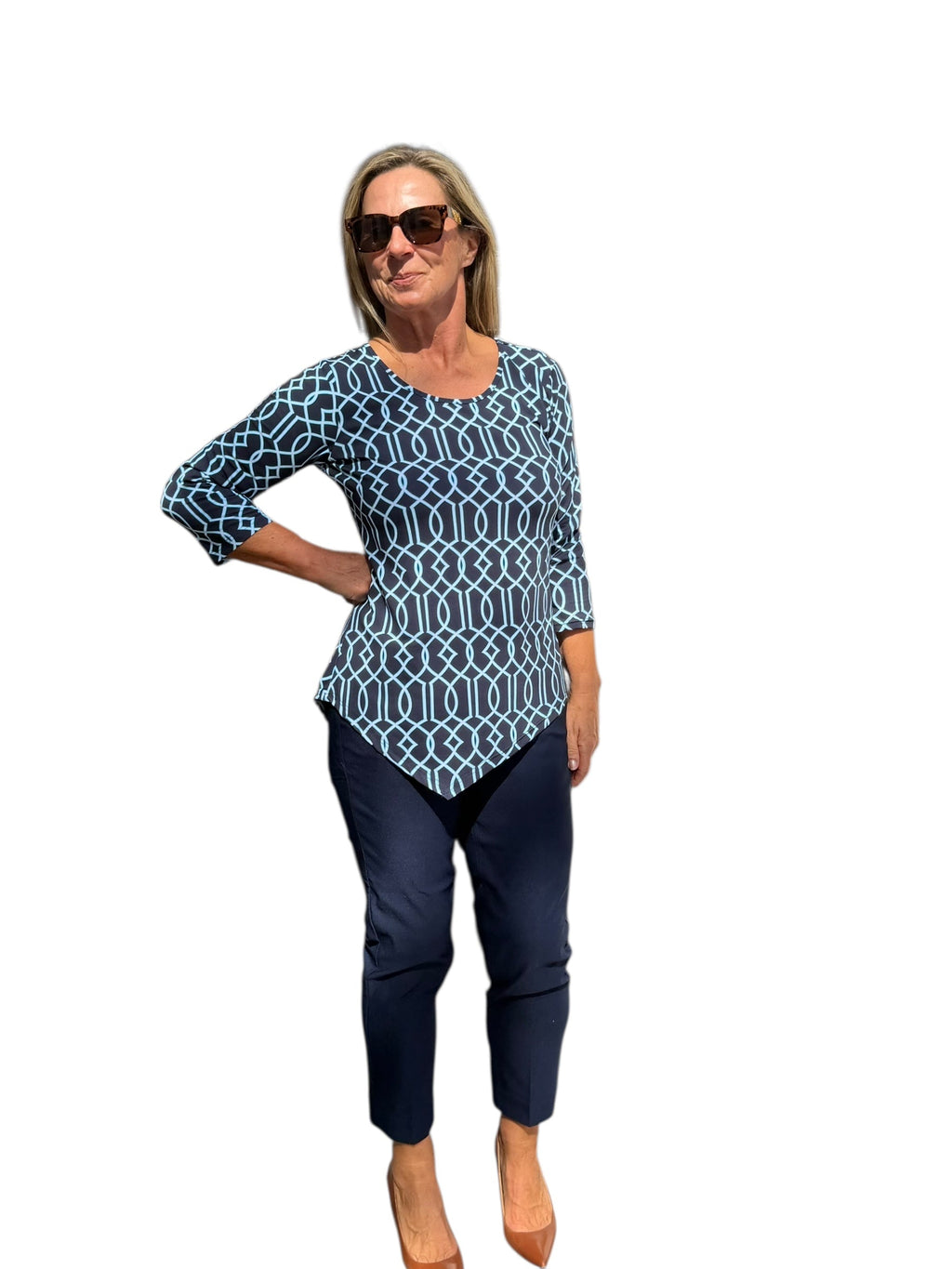 Asymmetrical Hemline Top with UPF50+ Geometric Lines Navy - Back of the Bay Boutique