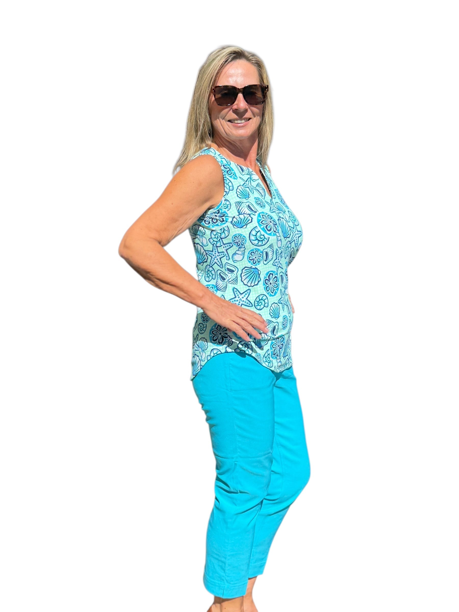 Keyhole Sleeveless Top with UPF50+ Ocean Shells Blue - Back of the Bay Boutique