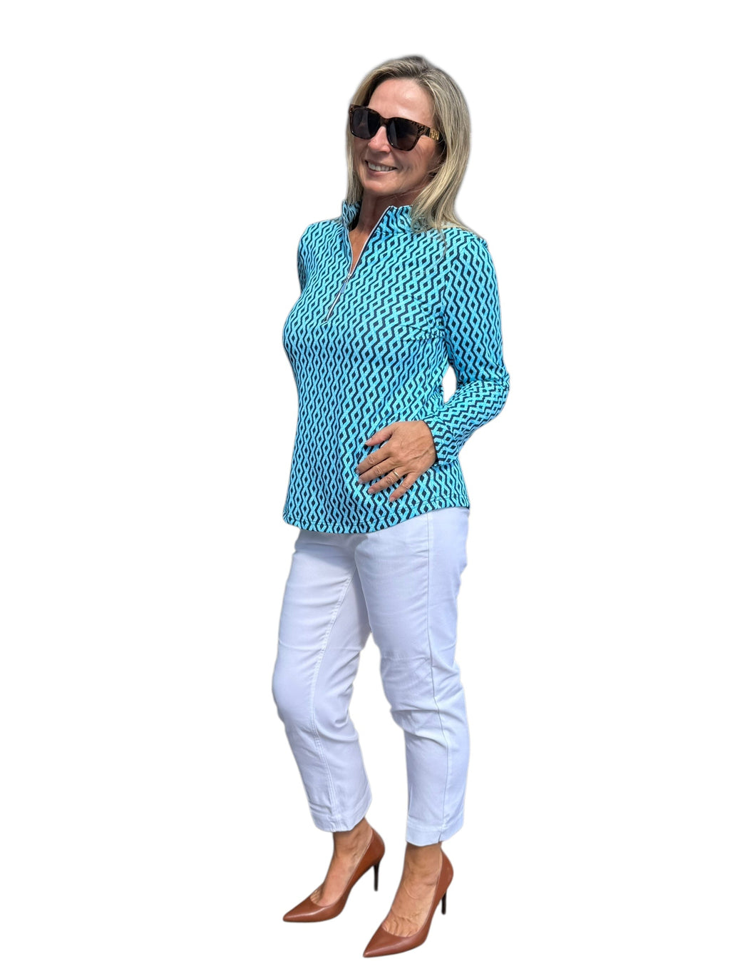 High Zip - Neck Long Sleeve Top with UPF50+ Nautical Ropes Turquoise - Back of the Bay Boutique