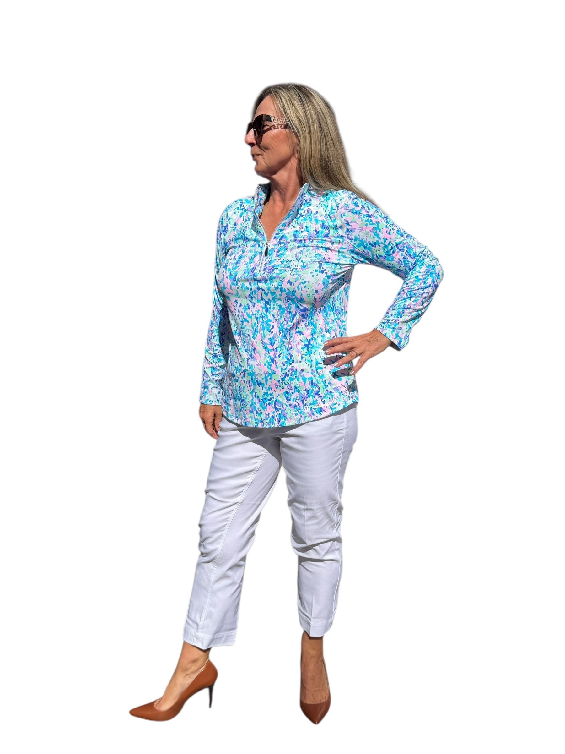 High Zip - Neck Long Sleeve Top with UPF50+ Confetti Pastel - Back of the Bay Boutique