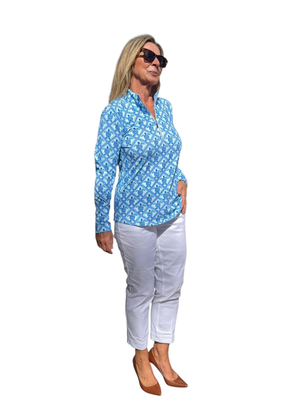 High Zip - Neck Long Sleeve Top with UPF50+ Blue Turtles - Back of the Bay Boutique