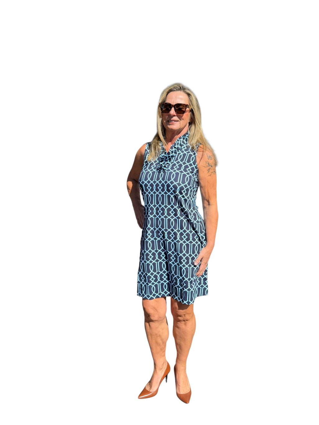 Ruffle - Neck Dress with UPF50+ Geometric Lines Navy - Back of the Bay Boutique