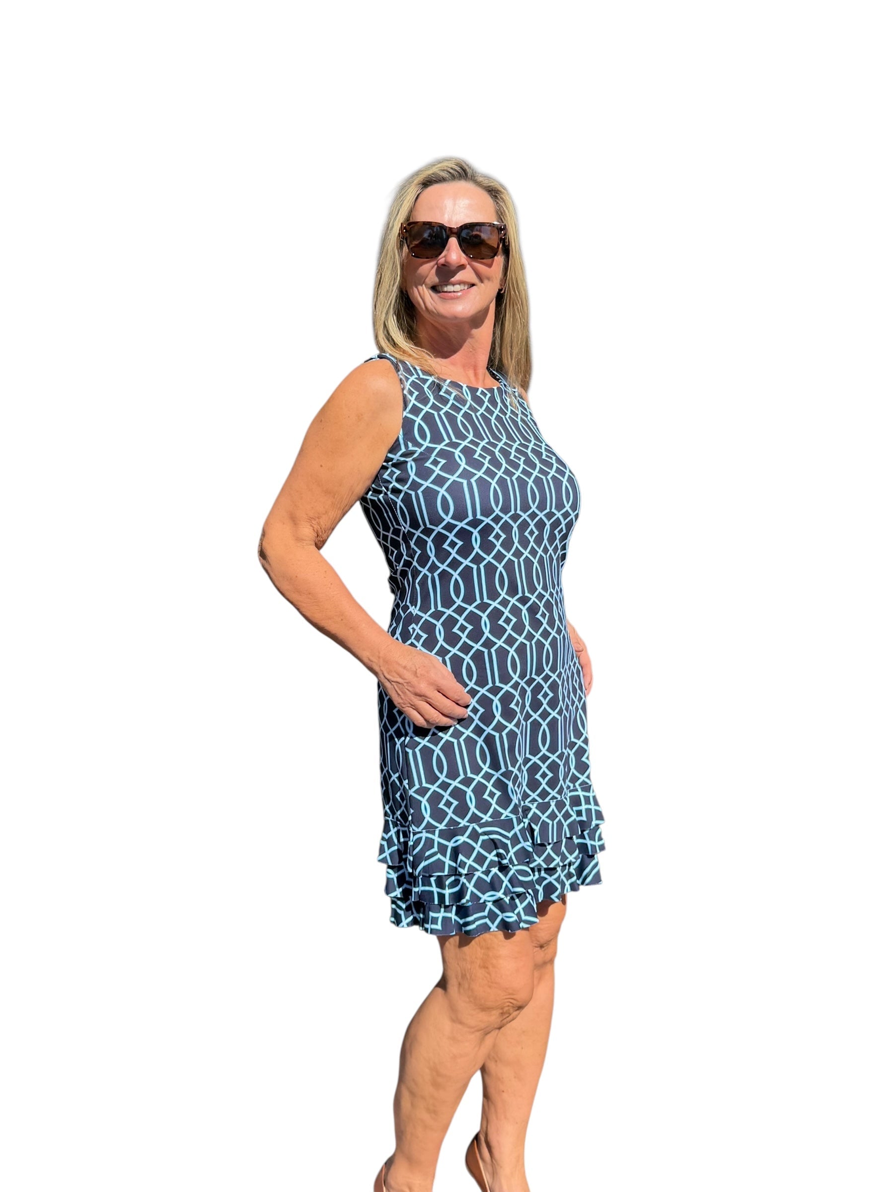 Sleeveless Dress with Ruffles with UPF50+ Geometric Lines Navy - Back of the Bay Boutique