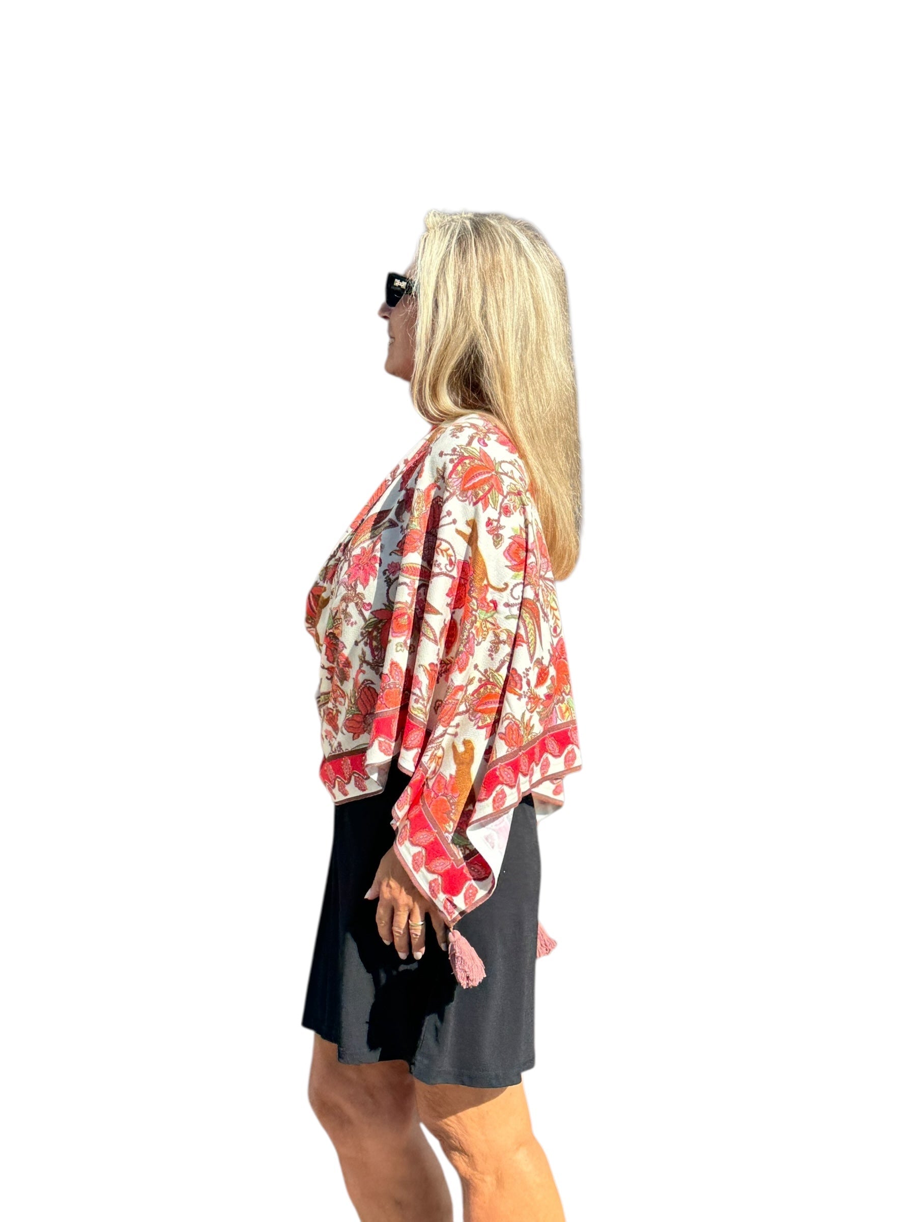 Soft Knit Poncho Jungle Jaguar Ivory/Coral - Back of the Bay Boutique