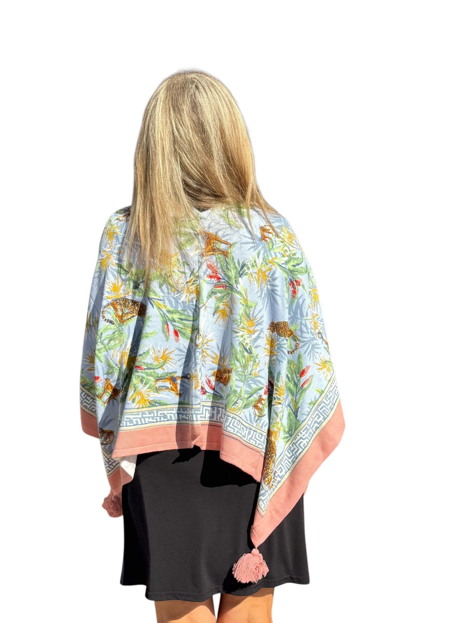Soft Knit Poncho Wildlife Light Blue - Back of the Bay Boutique