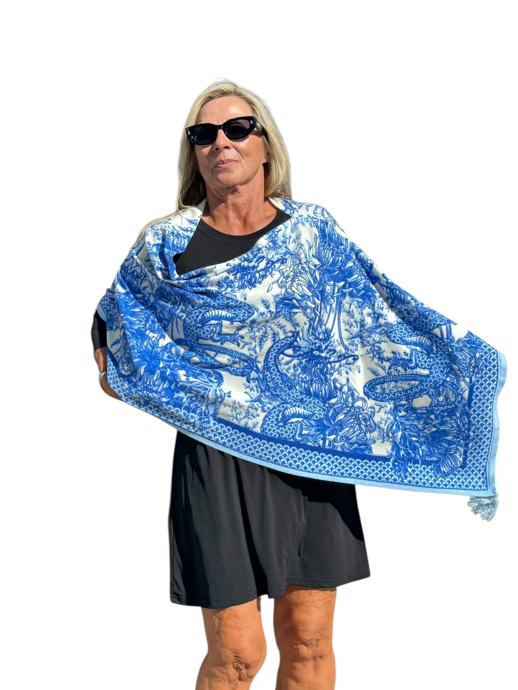 Soft Knit Poncho Dragon Blue/White - Back of the Bay Boutique