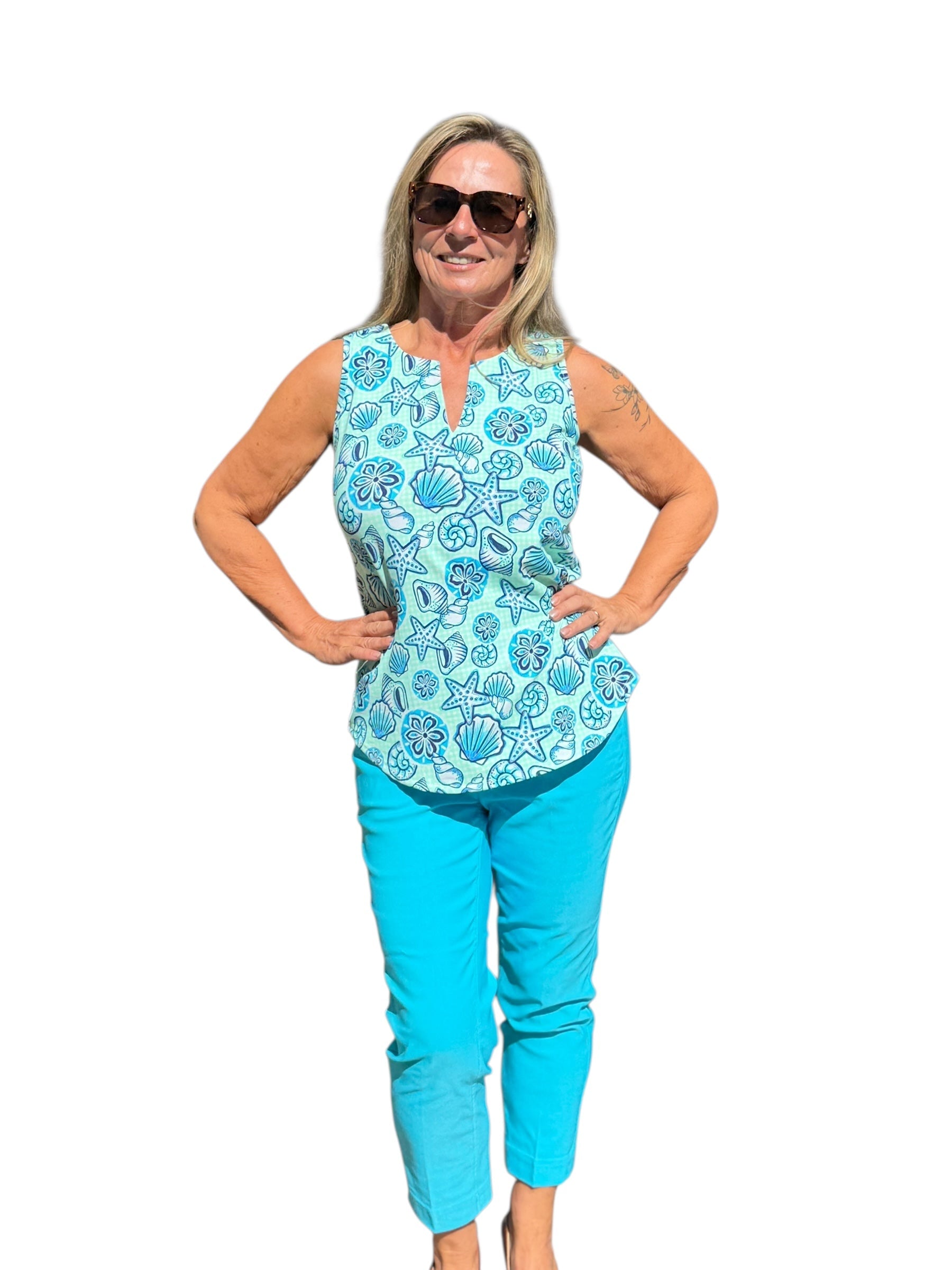 Keyhole Sleeveless Top with UPF50+ Ocean Shells Blue - Back of the Bay Boutique