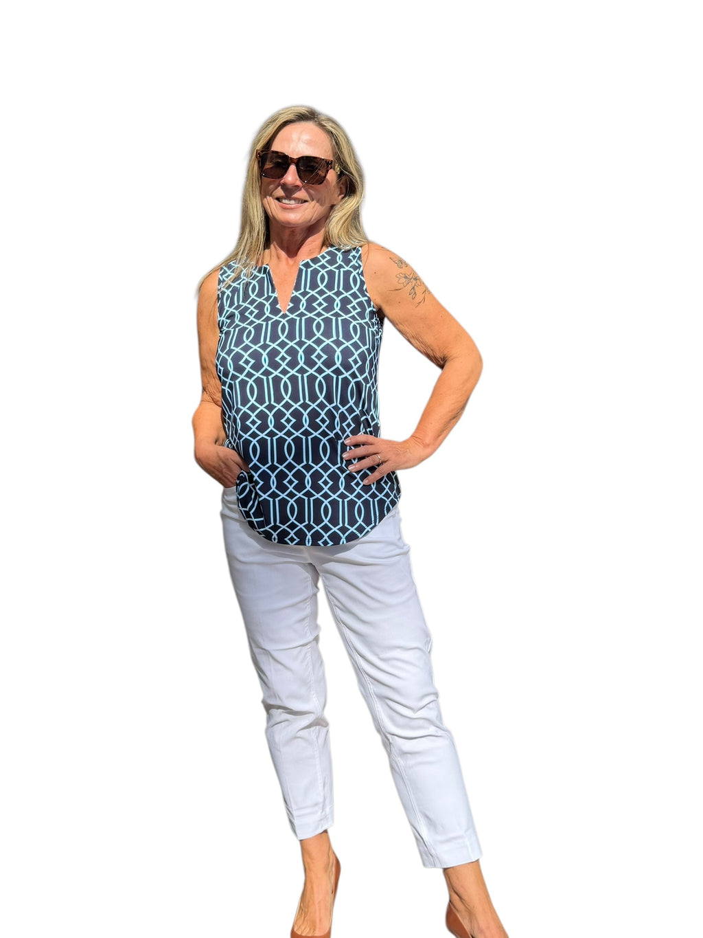 Keyhole Sleeveless Top with UPF50+ Geometric Lines Navy - Back of the Bay Boutique