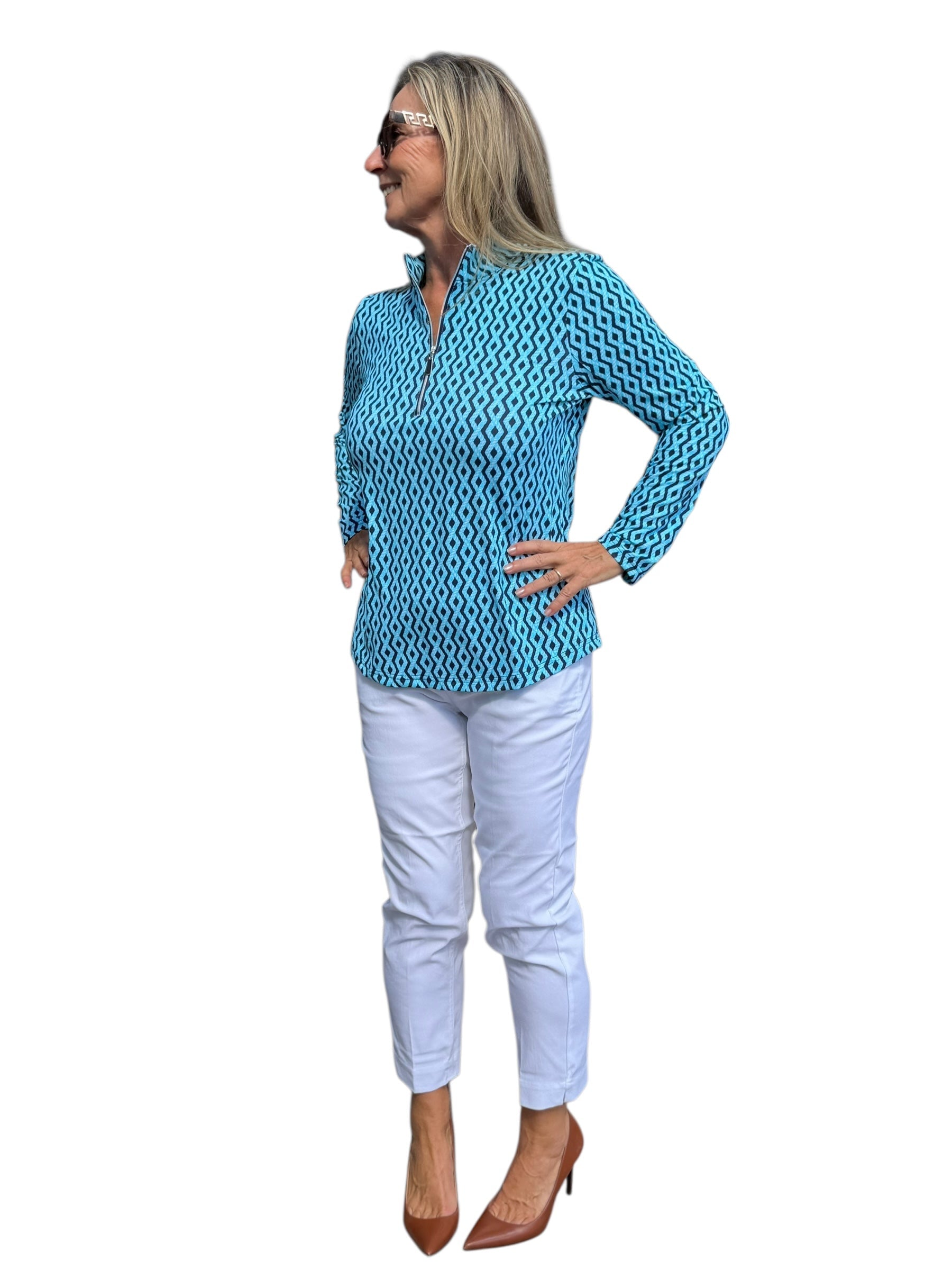 High Zip - Neck Long Sleeve Top with UPF50+ Nautical Ropes Turquoise - Back of the Bay Boutique