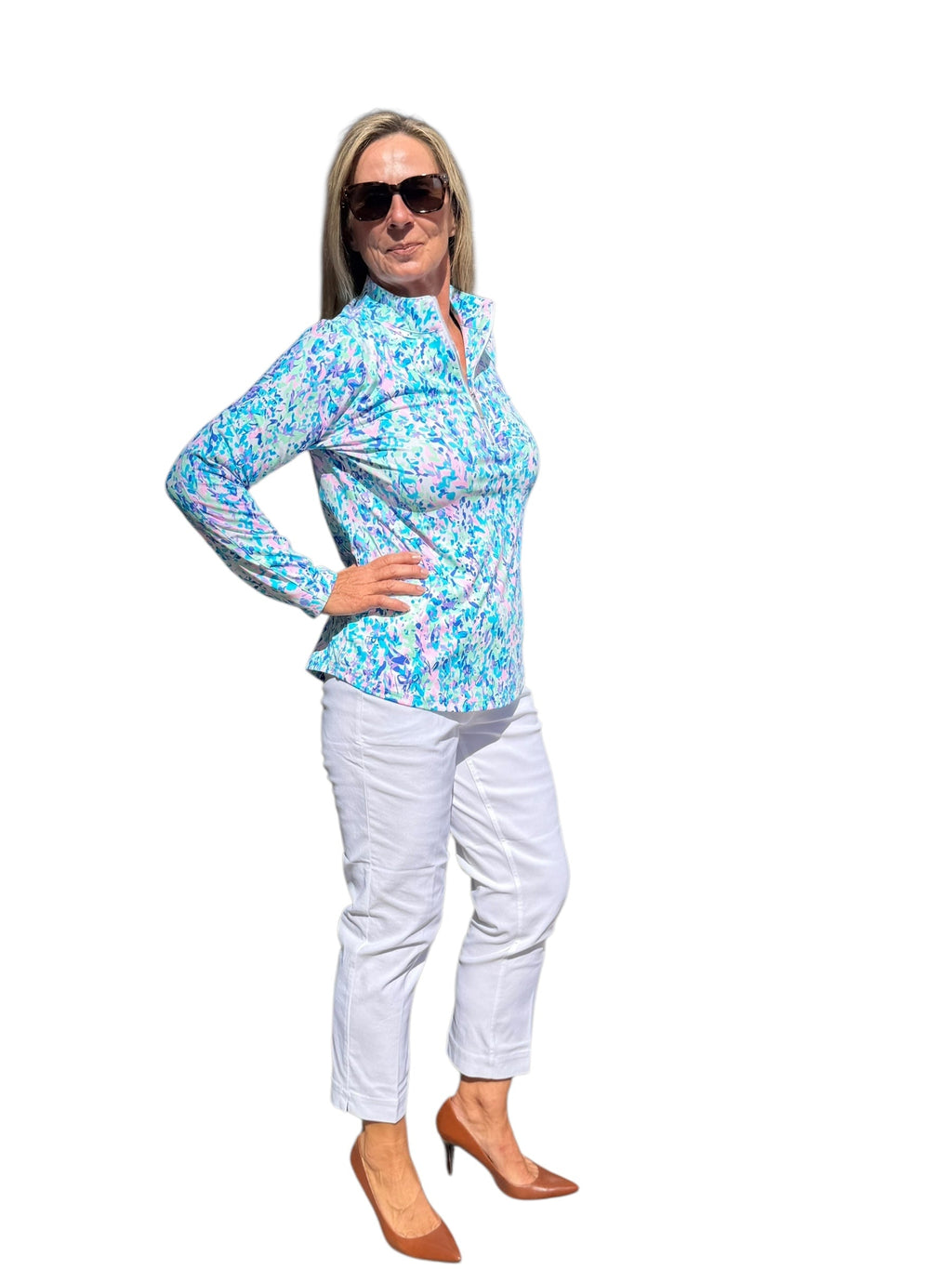 High Zip - Neck Long Sleeve Top with UPF50+ Confetti Pastel - Back of the Bay Boutique