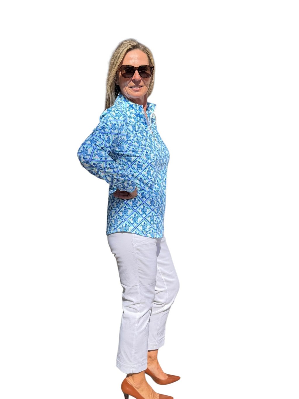 High Zip - Neck Long Sleeve Top with UPF50+ Blue Turtles - Back of the Bay Boutique