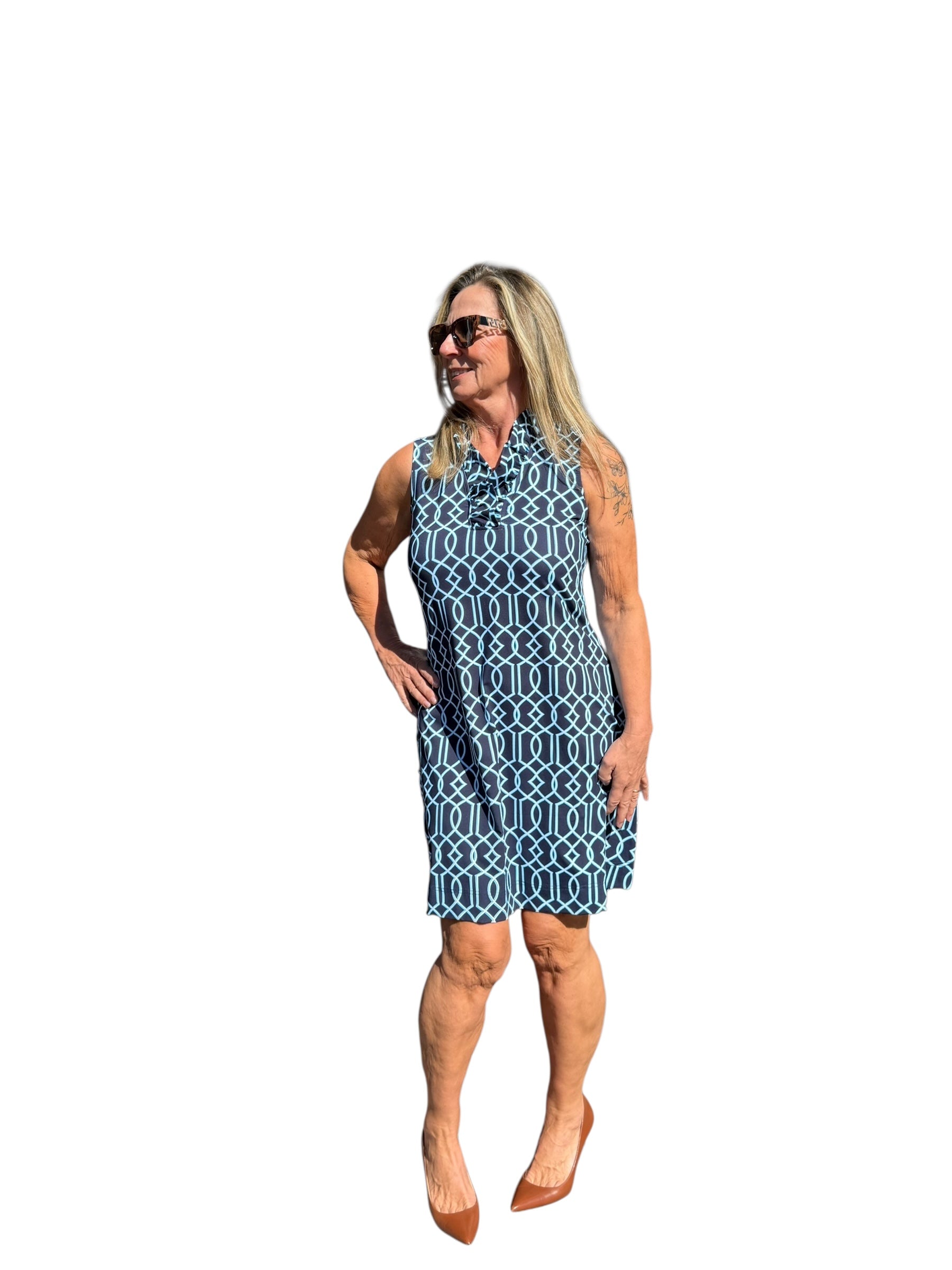 Ruffle - Neck Dress with UPF50+ Geometric Lines Navy - Back of the Bay Boutique