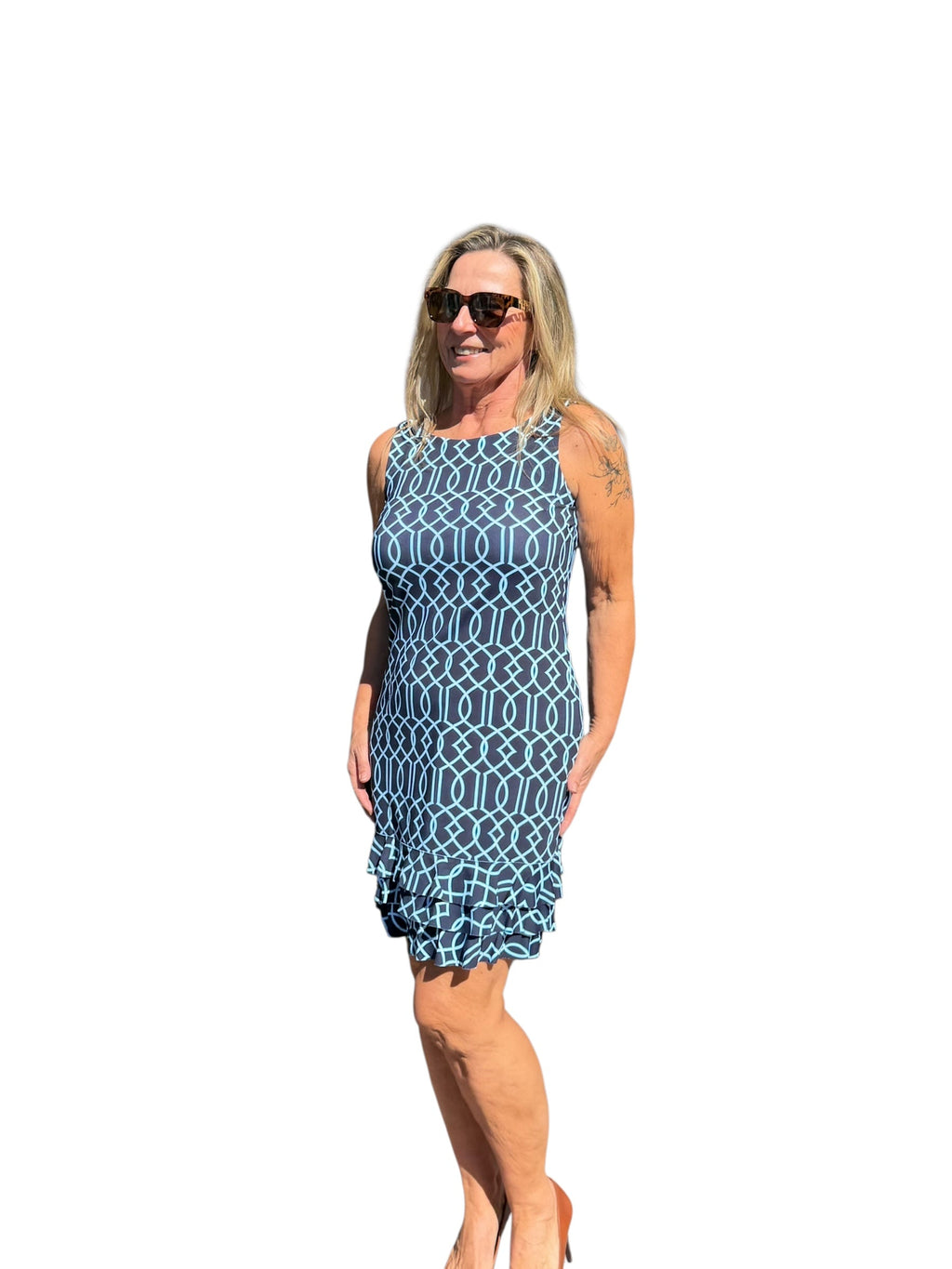 Sleeveless Dress with Ruffles with UPF50+ Geometric Lines Navy - Back of the Bay Boutique