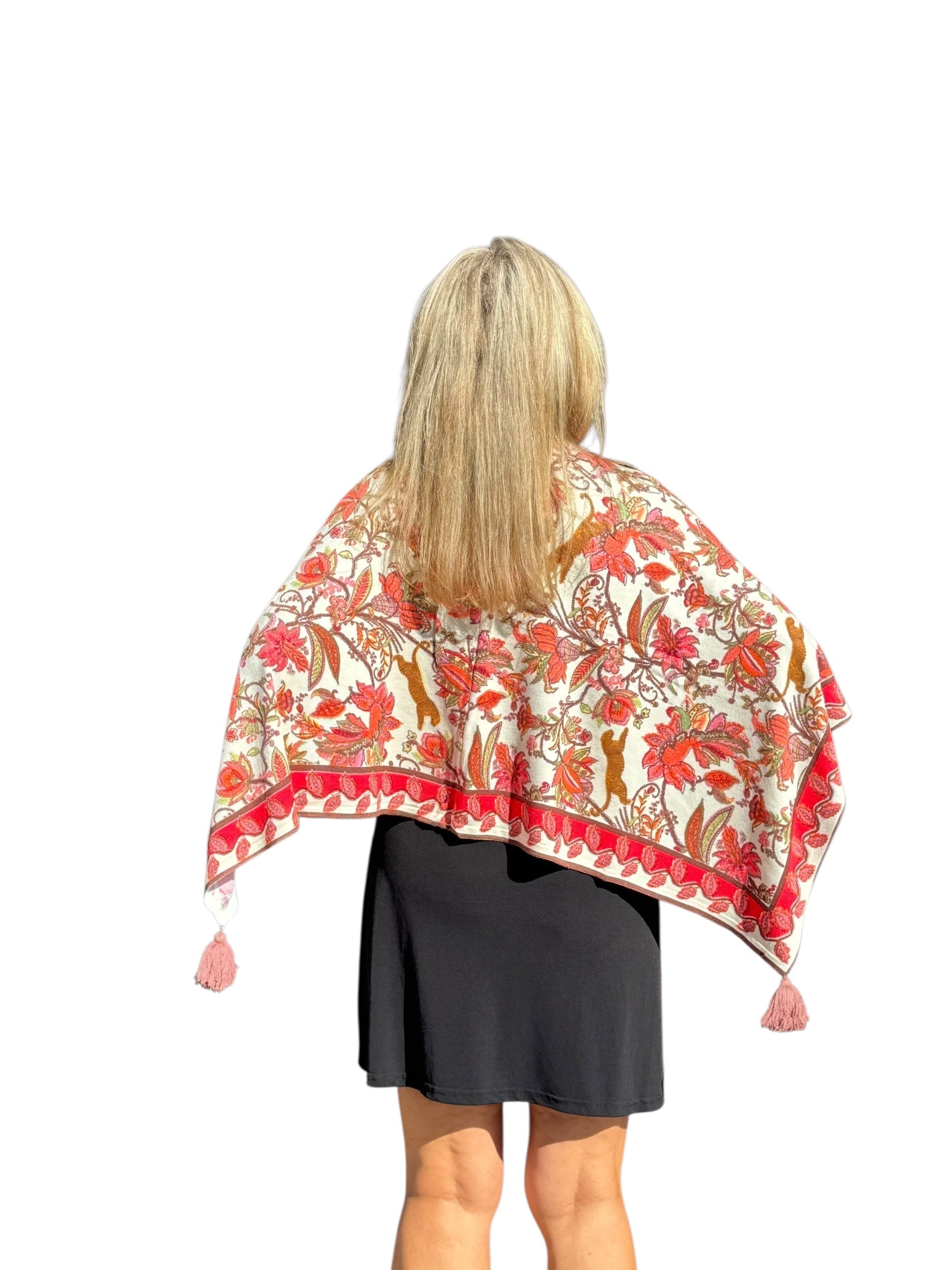 Soft Knit Poncho Jungle Jaguar Ivory/Coral - Back of the Bay Boutique