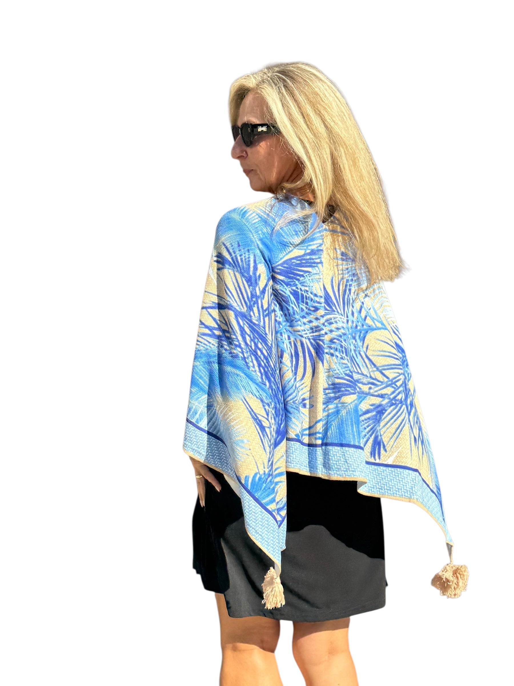 Soft Knit Poncho Bali Natural Blue - Back of the Bay Boutique
