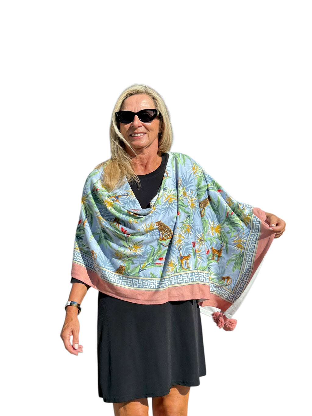 Soft Knit Poncho Wildlife Light Blue - Back of the Bay Boutique