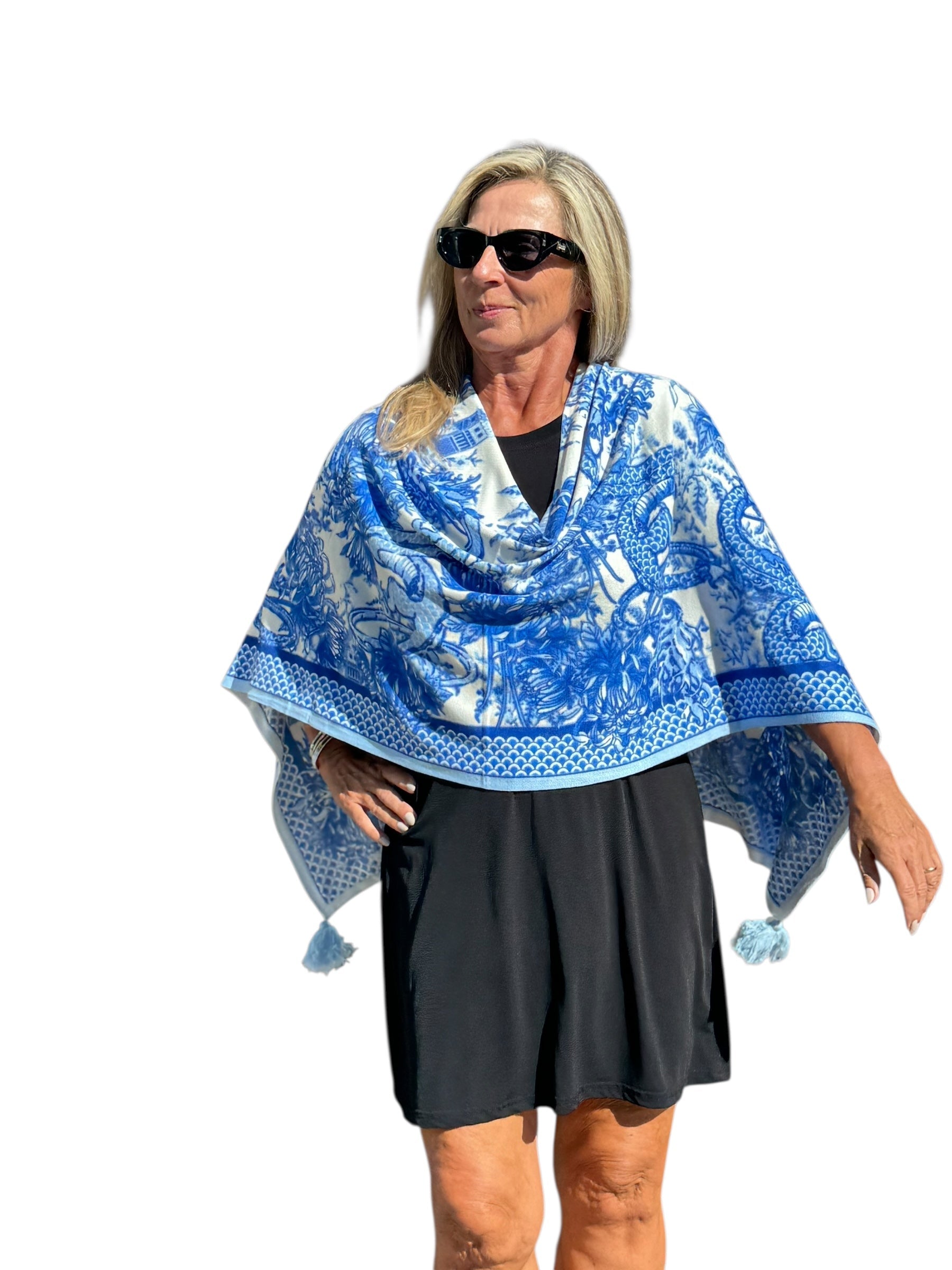 Soft Knit Poncho Dragon Blue/White - Back of the Bay Boutique