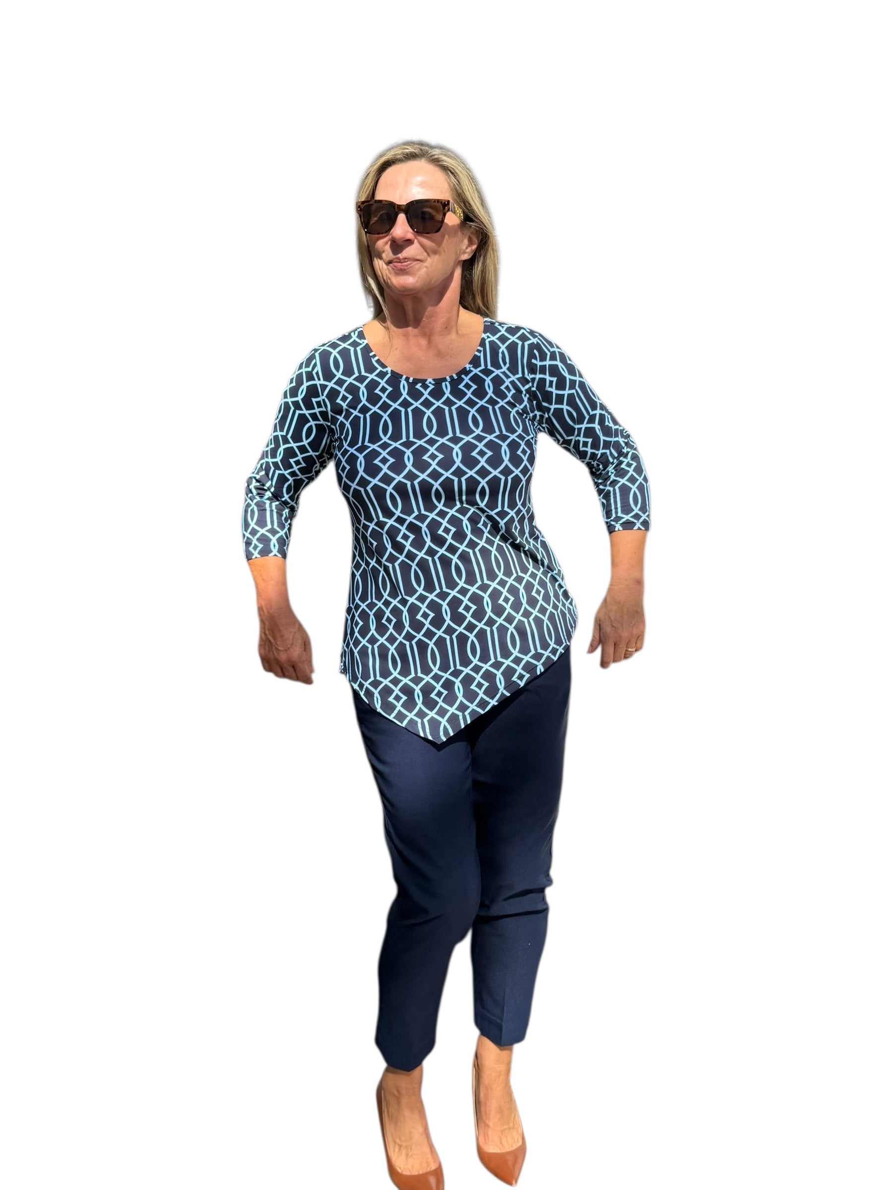 Asymmetrical Hemline Top with UPF50+ Geometric Lines Navy - Back of the Bay Boutique