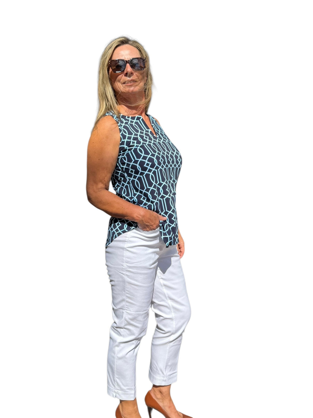 Keyhole Sleeveless Top with UPF50+ Geometric Lines Navy - Back of the Bay Boutique