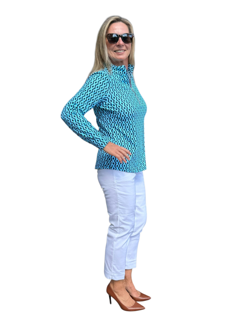High Zip - Neck Long Sleeve Top with UPF50+ Nautical Ropes Turquoise - Back of the Bay Boutique