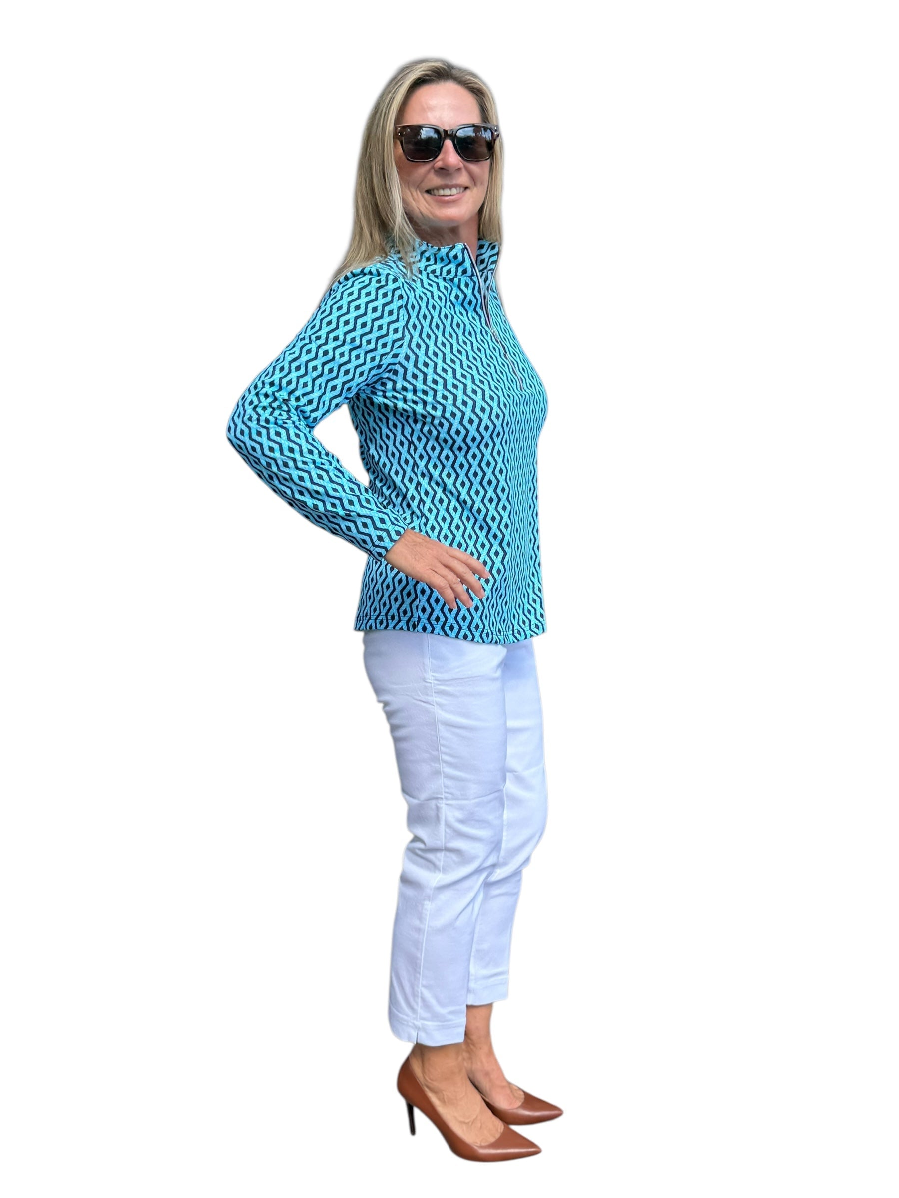 High Zip - Neck Long Sleeve Top with UPF50+ Nautical Ropes Turquoise - Back of the Bay Boutique