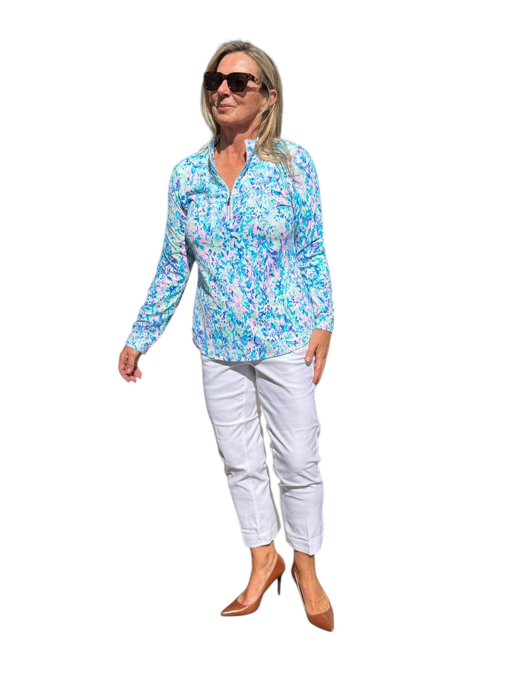 High Zip - Neck Long Sleeve Top with UPF50+ Confetti Pastel - Back of the Bay Boutique