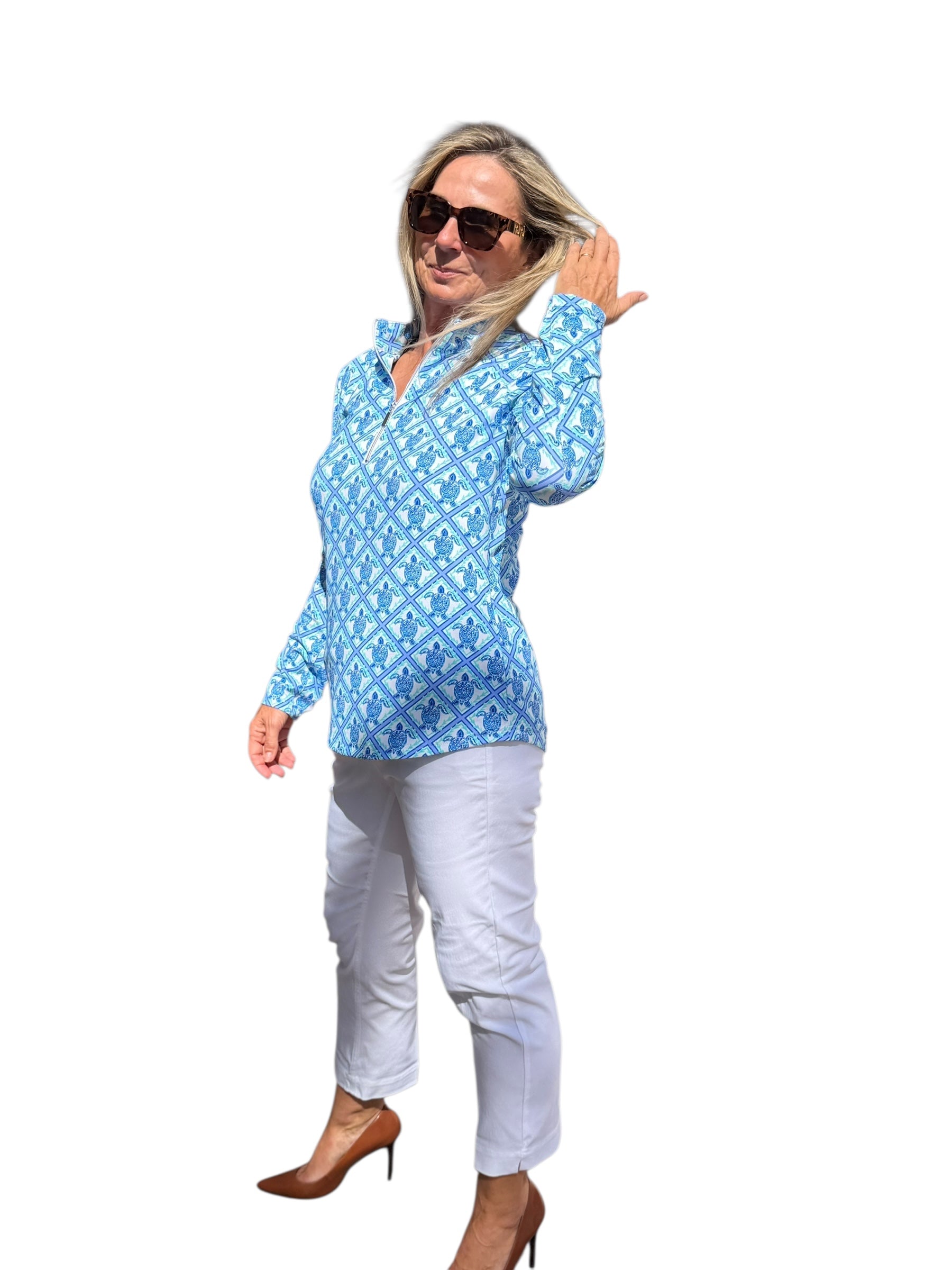 High Zip - Neck Long Sleeve Top with UPF50+ Blue Turtles - Back of the Bay Boutique