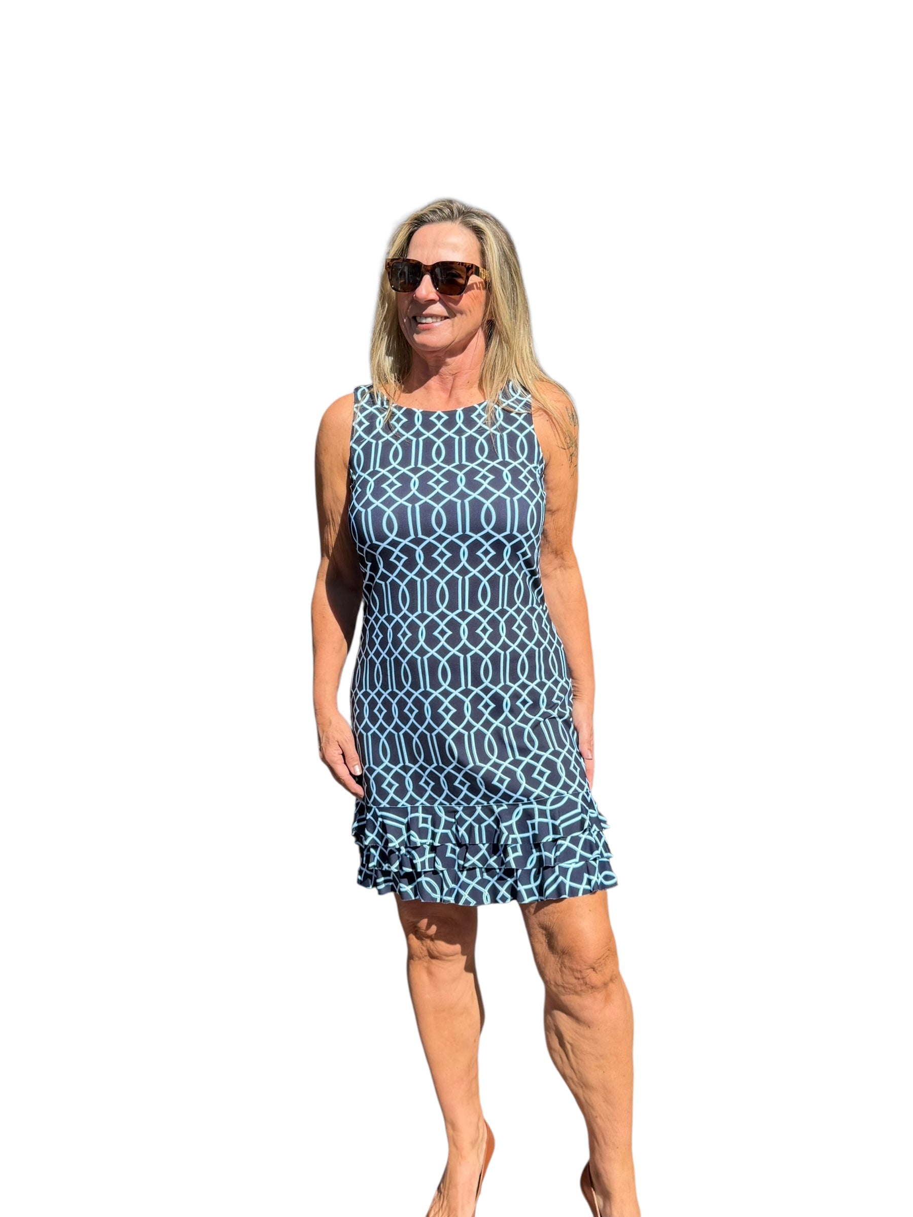 Sleeveless Dress with Ruffles with UPF50+ Geometric Lines Navy - Back of the Bay Boutique