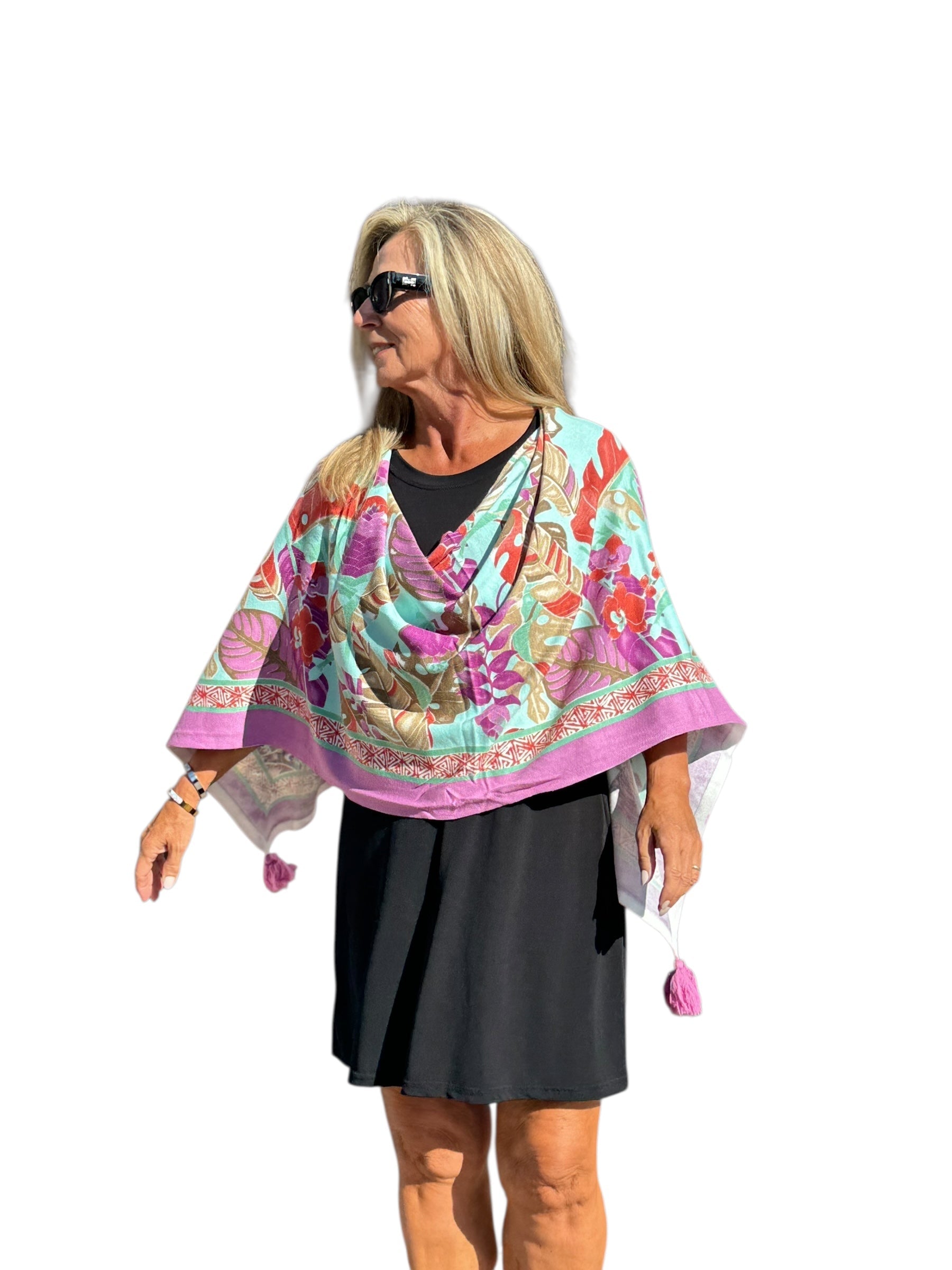 Soft Knit Poncho Tropical Isles Mint Multi - Back of the Bay Boutique