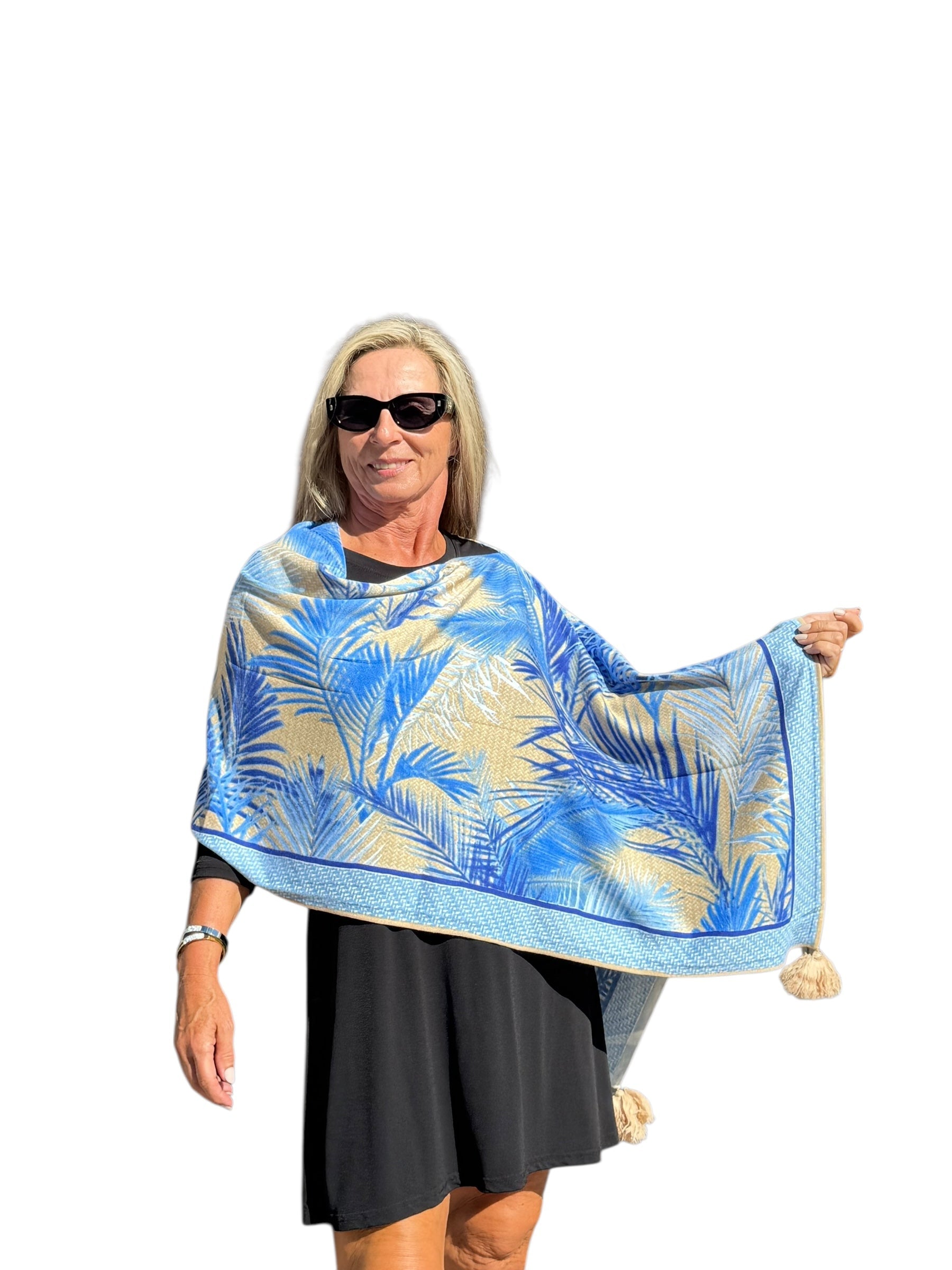 Soft Knit Poncho Bali Natural Blue - Back of the Bay Boutique