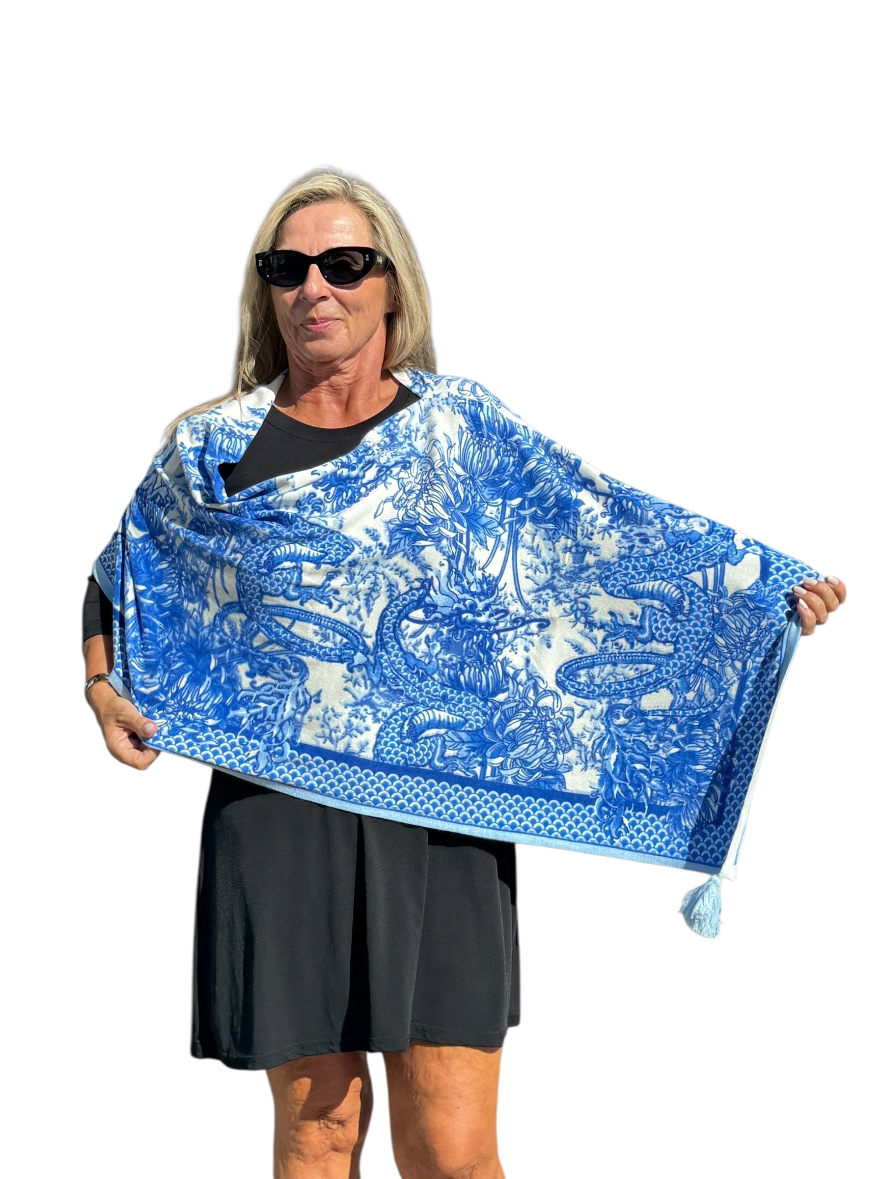 Soft Knit Poncho Dragon Blue/White - Back of the Bay Boutique