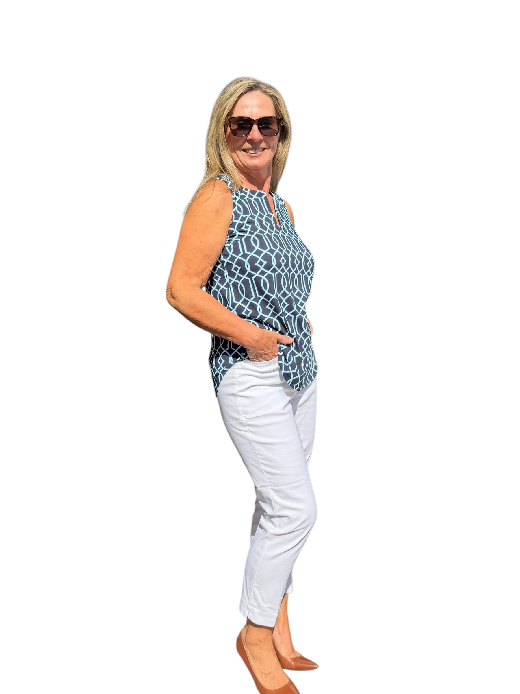 Keyhole Sleeveless Top with UPF50+ Geometric Lines Navy - Back of the Bay Boutique