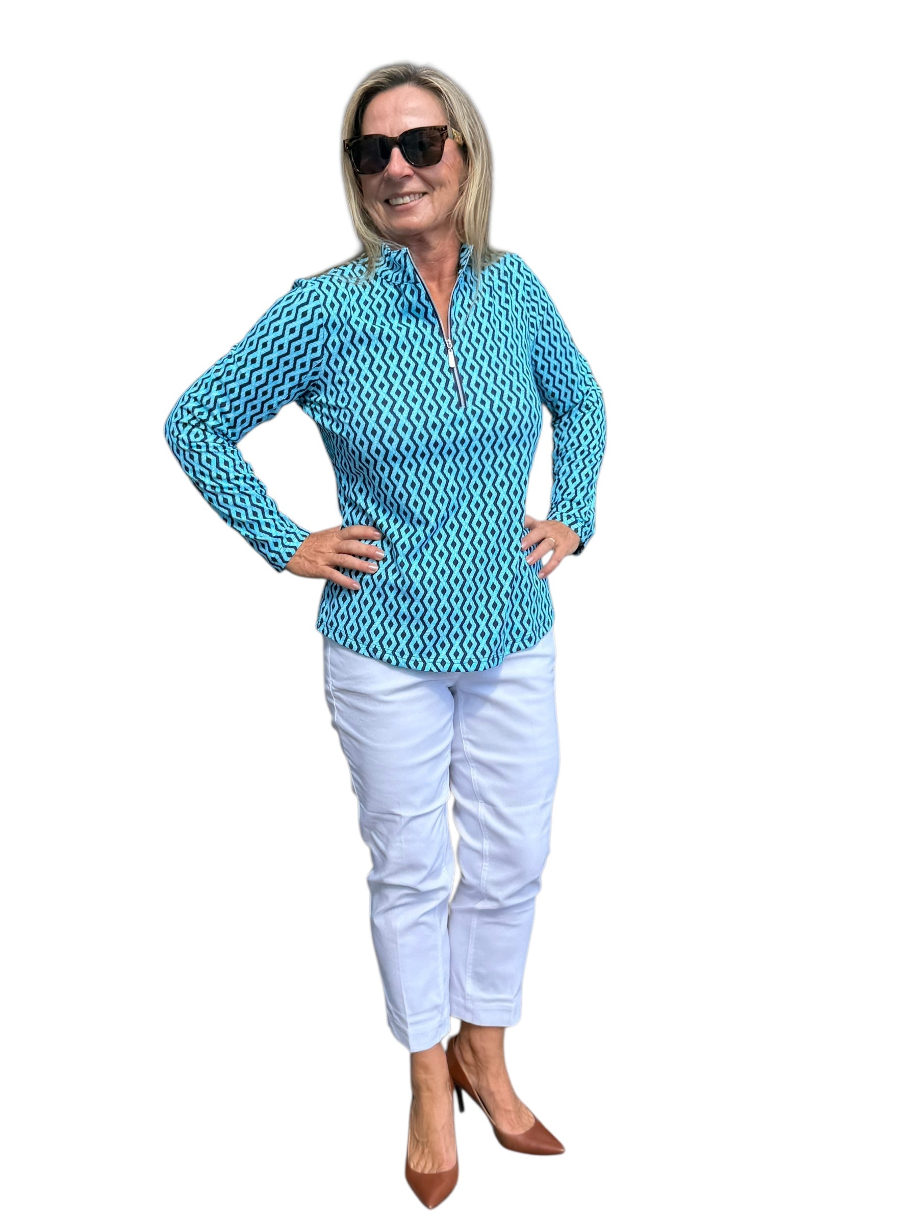 High Zip - Neck Long Sleeve Top with UPF50+ Nautical Ropes Turquoise - Back of the Bay Boutique