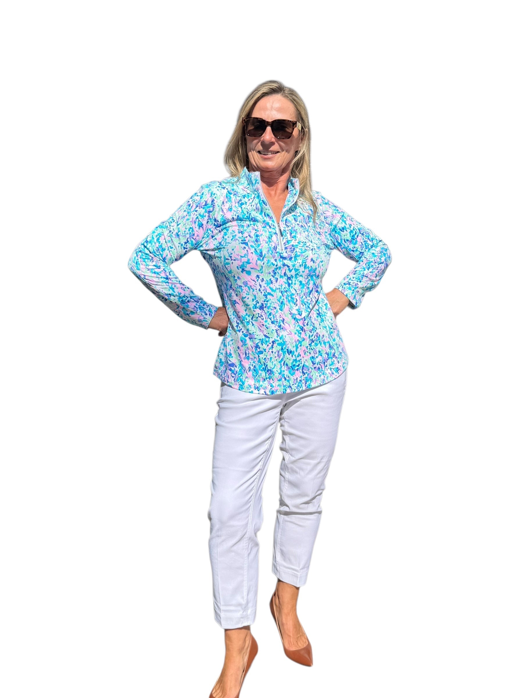 High Zip - Neck Long Sleeve Top with UPF50+ Confetti Pastel - Back of the Bay Boutique